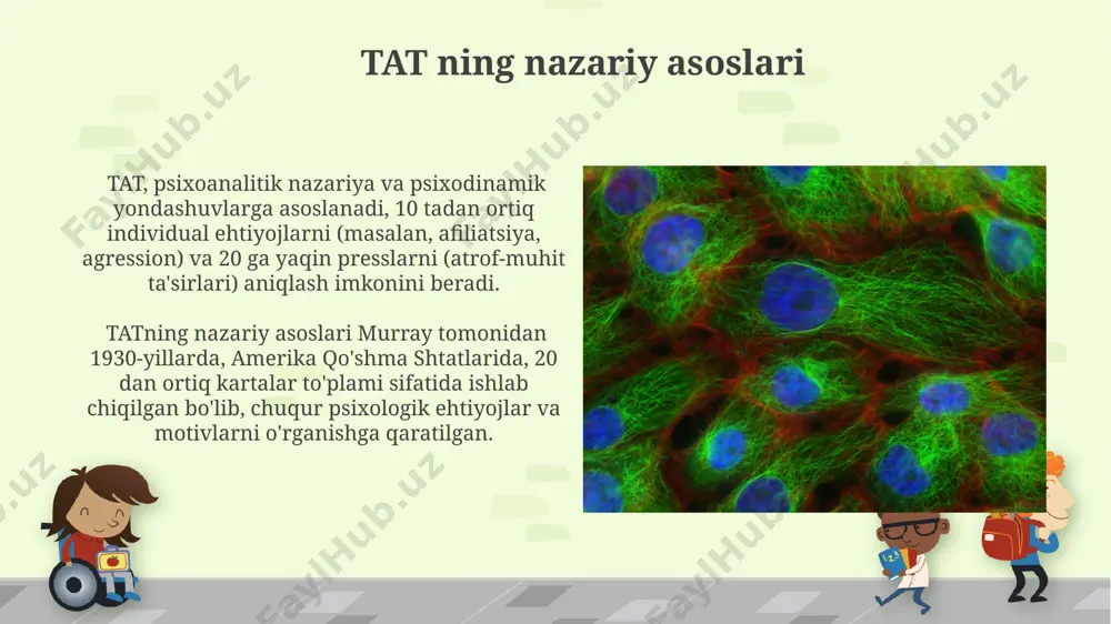 ning his-tuyg'ulari va harakatlari, shuningdek, voqealar joylashuvi (masalan, shahar yoki qishloq manzaralari) kabi tafsilotlarni hisobga olish, tahlilning ishonchliligini oshiradi. rasmlarni tanlash va talqin qilish tat ning amaliy qo'llanilishi natijalarida, 5 dan ortiq sessiyalardan so'ng, psixologlar tokio kabi yirik shaharlarda yashashning stress darajasini baholashda aniqroq natijalar olish imkoniyatiga ega bo'lishadi. rasmlarni talqin qilishda, masalan, psixologlar aynan 3 ta asosiy belgini, ularning o'zaro munosabatlarini va voqealar ketma-ketligini tahlil qilish orqali moskva psixologik maktabining metodologiyasidan foydalanadilar. e'tiboringiz uchun rahmat @taqdimot_robot image6.jpg image7.jpg image8.jpg image9.jpg image10.jpg image11.jpg image12.jpg image13.jpg image14.jpg image15.jpg image16.jpg image17.jpg image18.jpg image19.jpg image20.jpg image21.jpg image22.jpg image1.png