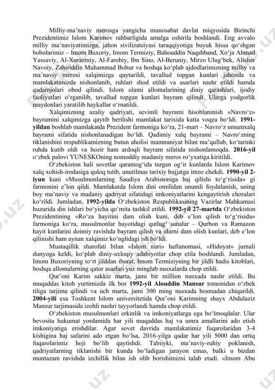 , milliy adabiyotimiz va madaniyatimiz rivojiga ulkan hissa qo‘shgan atoqli davlat arbobi, taniqli yozuvchi sharof rashidov tavalludining 100 yilligi nishonlanishi xalqimizni quvontirdi. o‘zbekiston prezidentining 2017-yil 27-martdagi «atoqli davlat arbobi va yozuvchi sharof rashidov tavalludining 100 yilligini nishonlash to‘g‘risida»gi qarori asosida 2017-yil 6-noyabr – sharof rashidov tug‘ilgan kuni jizzaxda tantanali tadbirlar bo‘lib o‘tdi. jizzax shahridagi tadbirda o‘zbekiston respublikasi prezidenti shavkat mirziyoyev ishtirok etib, nutq so‘zladi. o‘zbekiston respublikasi prezidentining 2017-yil 25-yanvardagi «o‘zbekiston respublikasining birinchi prezidenti islom abdug‘aniyevich karimovning xotirasini abadiylashtirish to‘g‘risida»gi qaroriga ko‘ra, islom karimov haykallari o‘zbekiston poytaxti toshkent shahriga, islom karimov tug‘ilib o‘sgan samarqand shahriga va islom karimov birinchi rahbar bo‘lib ishlagan qashqadaryo viloyatining qarshi shahriga o‘rnatildi. bundan tashqari, 2018-yilda shavkat mirziyoyev tashabbusi va rahnamoligida samarqand shahrida, islom karimov dafn etilgan hududda yodgorlik majmuasi barpo etildi. islom karimov ko‘p yillar davomida faoliyat olib borgan toshkent shahridagi oqsaroy qarorgohida islom karimov nomidagi ilmiy-ma’rifiy yodgorlik majmuasi tashkil etildi. shuningdek, bir qator ko‘chalar va …