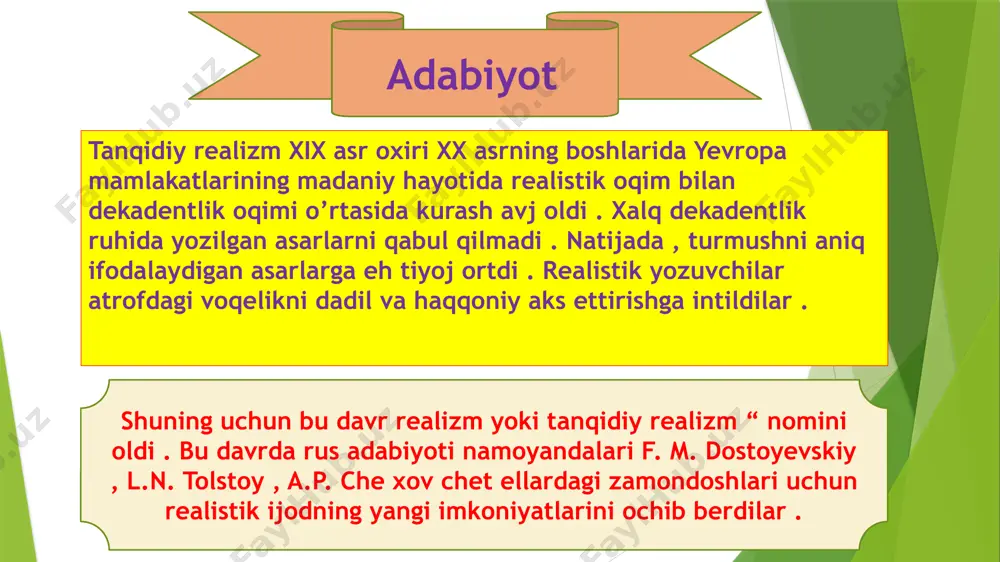 syoni haqqo niy yoritilgan . uning ,, men va mening xotinim “ , ,, biz va qo’shnilarimiz “ asarlarida ham amerika hayoti haqqoniy tasvir lanadi ingliz dramaturgi bernard shou o’z asarlarida ekspluatatsiyani , meshchanlik axloqini , munofiqlik , soxtalikni qoralagan . qariyalar uyida “ , qurol va inson “ , ,, shayton shogirdi “ , „ mayor barbara “ kabi asarlarida jamiyatdagi qusurlarni tanqid qilish bilan birga , ijtimoiy taraqqiyotga , adolatga xizmat qiluvchi kuchlarni zo’ra vonlikka qarshi qo’yish g’oyalari ilgari suriladi . jek londonning tabiatni bo’ysundirgan qahramon haqidagi ,, hayotga muhabbat “ , ishchi va dehqonlar hayotiga bag’ishlangan ,, bir parcha go’sht “ , „ dengiz bo’risi “ va boshqa asarlari mash hurdir . demokratik adabiyot fransuz yozuvchisi jyul vern ilmiy – fantastik romanchilikning yirik vakili . yozuvchi ,, havo sharida besh hafta “ , „ yer markaziga sayohat “ , kapitan grant bolalari “ , ,, o’n besh …