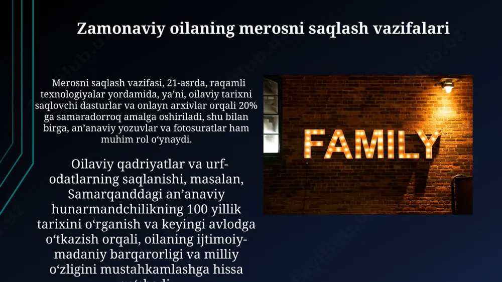 ning sog'lom turmush tarzini shakllantirish vazifalari zamonaviy oilaning sog'lom turmush tarzini shakllantirishda, kamida 5 ta meva va sabzavot turini muntazam iste'mol qilish, jismoniy faollikning haftasiga 150 daqiqadan kam bo'lmagan darajada ta'minlanishi va toshkent kabi yirik shaharlarda havo ifloslanishidan himoya qilish choralarini ko'rish muhim ahamiyatga ega. sog'lom oilaning shakllanishiga 7-12 yoshgacha bo'lgan bolalar uchun kunlik 9-11 soatlik uyqu, to'g'ri ovqatlanish va jismoniy mashqlarning muvozanati, shuningdek, samarkanddagi kabi tarixiy joylarga sayohatlar orqali stressni kamaytirish kabi omillar ta'sir ko'rsatadi. zamonaviy oilaning ijtimoiylashtirish vazifalari oilaviy ta'lim, bolaning 3-7 yosh oralig'ida shaxsiyatining shakllanishida muhim ahamiyatga ega bo'lib, jahon sog'liqni saqlash tashkilotining hisobotlariga ko'ra, ijtimoiy moslashuvchanlik ko'rsatkichlarini 70% ga oshiradi. o'zbekistonning qishloq hududlarida yashovchi oilalar, an'anaviy qadriyatlarni saqlab qolish orqali, 10 dan ortiq avlodlarga uzatiladigan ijtimoiylashuv tizimini qo'llab-quvvatlaydi va milliy madaniyatni rivojlantirishda muhim hissa qo'shadi. zamonaviy oilaning madaniy vazifalari qashqadaryo viloyatida o'tkazilgan sotsiologik so'rovnoma natijalariga ko'ra, oilalar o'rtasida yosh avlodni milliy qadriyatlar, masalan, hurmat va mehr-oqibat …