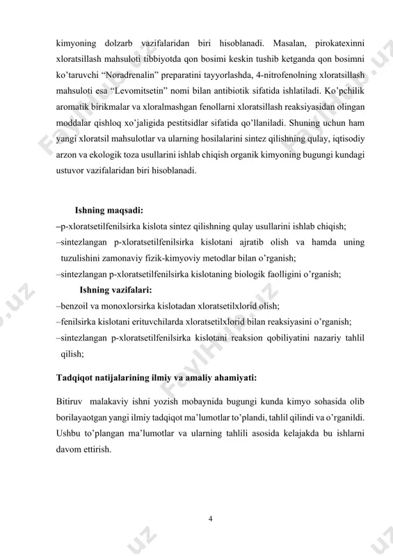 …………………………………………..….65 xulosa…………………………………………………..……..69 foydalanilgan adabiyotlar………………….……70 kirish o’zbekiston respublikasi prezidenti shavkat mirziyoyev 2017-yilning 12-yanvar kuni “kitob mahsulotlarini chop etish va tarqatish tizimini rivojlantirish, kitob mutolaasi va kitobxonlik madaniyatini oshirish hamda targ’ibot qilish bo’yicha komissiya tuzish to’g’risida” farmoyish berdi. bundan ko’rinib turibdiki davlatimiz siyosatida ilm-fanga, yoshlarimizga ta’lim berishga e’tibor tobora ortmoqda. prezidentimiz shavkat mirziyoyev “yoshlar ⸺ ulkan kuch” deb nomlangan o’z shiori ostida bugungi kunda yoshlarga katta e’tibor qaratmoqda. shuningdek prezident “yoshlar siyosati bo’yicha olib borayotgan ishlarimizni tanqidiy baholab, tegishli qarorlar qabul qilishni o’z faoliyatim uchun g’oyat muhim deb hisoblayman” deb ta’kidlaganlar. mavzuning dolzarbligi. hozirgacha mavjud ma’lumotlardan ma’lumki atsillash reaksiyasining mahsulotlari kimyo sanoatida, tibbiyotda,xalq xo’jaligining turli sohalarida ikeng ko’lamda ishlatilib kelinmoqda. jumladan atsillash reaksiyasidan olingan sidnon birikmalari fiziologik faollikka egadir. hamda shu birikmalar turli xil biologik xususiyatlarga, asosan antioksidant faollikka egaligi aniqlangan. benzofenon va uning atsillangan hosilalari bo’yoqlar olishda xomashyolar, hasharotlarga qarshi preparatlar, parfumeriyada xushbo’y hidli sovunlar va moddalar ishlab chiqarishda qo’llaniladi. farmasevtikada …