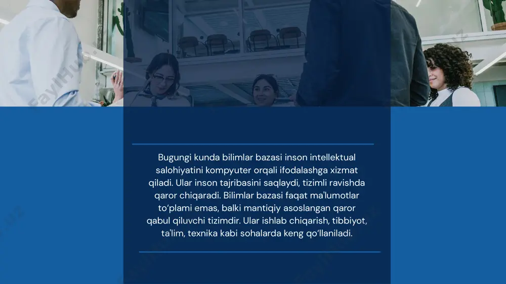 rni saqlash tuzilishi jadval, satr, ustun qoidalar, if-then konstruksiyalar, ontologiyalar misol studentlar ro‘yxati, baholar kasalliklar belgisi asosida tashxis qo‘yish tizimi qulaylik sql orqali boshqariladi ekspert tizimlar bilan ishlaydi bilimlar bazasi turlari misol: konseptual bilim: “har bir uchburchakda burchaklar yig‘indisi 180°” hechiyaviy bilim: “agar tana harorati > 38°c bo‘lsa, isitma mavjud” turi tavsifi faktografik raqamli va aniq faktlar konseptual tushunchalar va munosabatlar protseduraviy amal bajarilish bosqichlari hechiyaviy (yechimli) savolga javob topish uchun ishlatiladi bilimlar bazasini loyihalash loyihalash — bu bilimlar bazasini qurish uchun zarur bo‘lgan konsepsiyalar, modellash, texnologiyalar va metodlarni aniqlash jarayoni. bosqichlari: talablarni aniqlash bilimlarni to‘plash (ekspertlar, hujjatlar, tajriba) bilimlar modelini yaratish (ontologik, mantiqiy, qoidaviy) platforma yoki tizimni tanlash (clips, prolog, xml) testlash va optimallashtirish foydalanuvchi interfeysi: quvvatli, sodda va tushunarli moslashuvchanlik: har xil holatlarga moslashishi ma’lumotlar xavfsizligi: bilimlar sızib chiqishining oldini olish xatoliklarni kamaytirish: bilimlar zanjirida moslik loyihalashda muhim omillar qayta ishlash imkoniyati: bilimlarni yangilash va rivojlantirish qo‘llanilish sohalari …