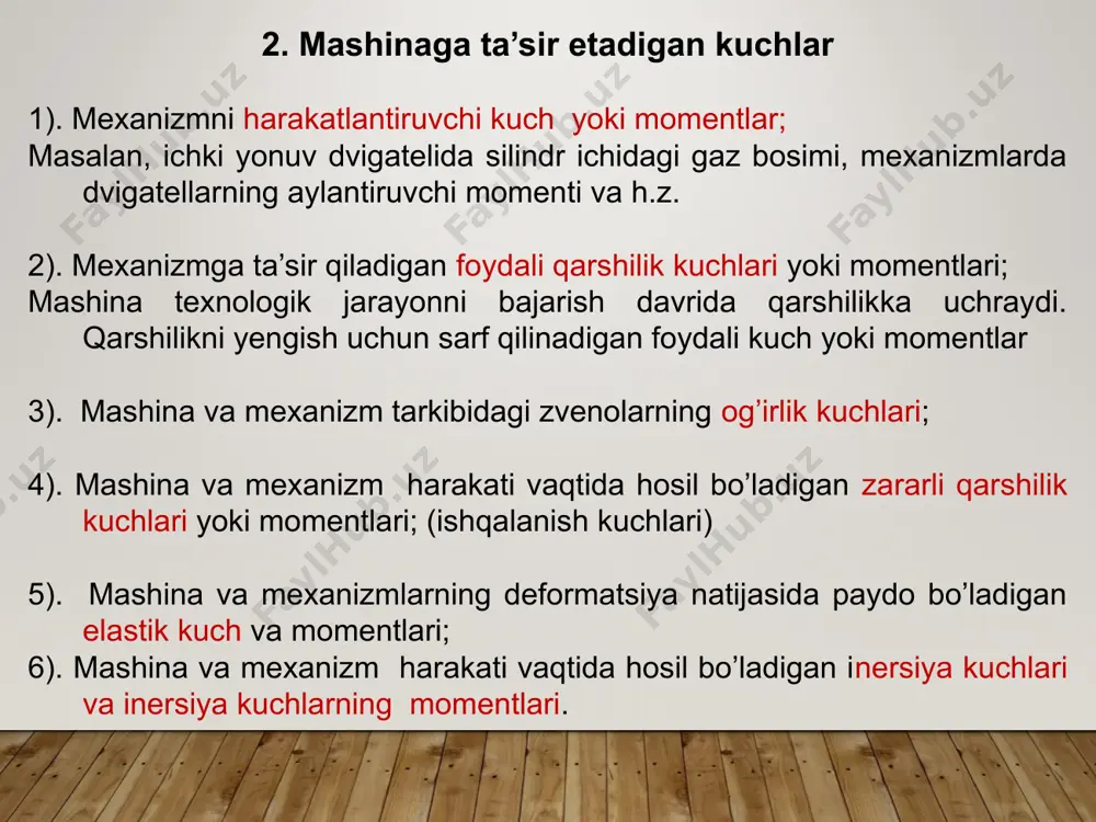 , lekin uning yo’nalishi nomalum bo’lgani uchun bu kuchni ikkita o’zaro tik bo’lgan tashkil etuvchiga ajratamiz. tashkil etuvchilarning yo’nalishlarini o’zimiz tanlaymiz. 14 15 reaksiya kuchlari –bu bir jismni ikkinchi jismga ta’sir kuchi. masalan 1-zvenodan 2 zvenoga ta’sir etayotgan kuch r12 va teskari 2-zvenodan 1 zvenoga ta’sir etayotgan kuch r21 iv sinfdagi kinematik juftligida reaksiya kuchlari bu sinfdagi kinematik juftliklarda reaksiya kuchi tegib turgan yuzalarning normali bo’yicha yo’nalgan bo’ladi nazorat savollari 1. mexanizmlar dinamikasida qanday asosiy masalalarni yechadi? 2. mashinaga qanday kuchlar ta’sir etadi? 3. mashinaning harakat tenglamasini va uning tashkil etuvchilarning mazmunini keltiring. 4. inertsiya kuchlari haqida nima bilasiz? ilgarilanma, aylanma va tekis parallel harakatdagi inertsiya kuchlari. 5. erkin jism, bog’lanishlar va reaktsiya kuchlari tushunchalari. image3.png image4.png image5.png image6.png image7.png image8.png image9.png image10.png image11.jpeg image12.png image13.png image22.png image23.png image24.png image14.png image15.png image16.png image17.png image18.png image19.png image20.png image21.png image25.png image26.png image27.png image28.png image29.png image30.png image31.png image32.png image33.png image34.png image35.png image36.png image37.png …