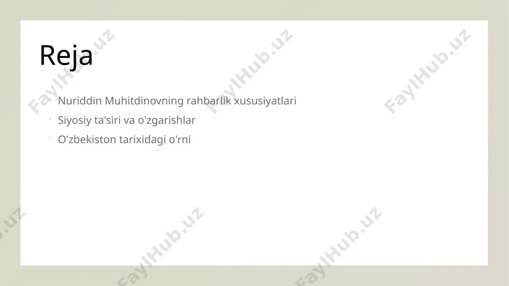 isodiy va ijtimoiy rivojlanishga sezilarli ta'sir ko'rsatgan. nuriddin muhitdinovning siyosiy ta'siri: o'zgarishlar va natijalar. siyosiy o'zgarishlar nuriddin muhitdinov o'zbekiston siyosatida muhim o'zgarishlarni amalga oshirdi, bu esa mintaqadagi barqarorlik va rivojlanishga olib keldi. ijtimoiy ta'sir muhitdinovning siyosiy faoliyati ijtimoiy qatlamlarga ta'sir ko'rsatdi, yangi imkoniyatlar yaratarak fuqarolar hayotini yaxshilashga intildi. natijalar va yutuqlar uning rahbarligi ostida qabul qilingan qarorlar o'zbekistonda iqtisodiy o'sish va xalqaro munosabatlarning mustahkamlashiga xizmat qildi. o'zbekiston tarixidagi muhitdinovning o'rni: siyosiy strategiyalar va yutuqlar. 1 siyosiy strategiyalar muhitdinov o'zbekiston siyosatida innovatsion strategiyalarni joriy etgan. u iqtisodiy o'sishni rag'batlantirish uchun yangi dasturlarni ishlab chiqdi. 2 yutuqlar va rivojlanish uzi rahbarlik qilgan davrda o'zbekistonda iqtisodiy barqarorlik va ijtimoiy rivojlanish ko'rsatkichlari sezilarli darajada oshdi, xalq farovonligi yuksaldi. 3 tarixiy ahamiyat muhitdinovning siyosiy faoliyati o'zbekiston tarixida muhim o'rin tutadi. u xalqaro maydonda mamlakatning obro'sini oshirishga xizmat qildi. rahbar sifatida nuriddin muhitdinovning siyosiy merosi va ta'siri. siyosiy meros nuriddin muhitdinovning siyosiy merosi, o'zbekistonning mustaqilligiga hissa …