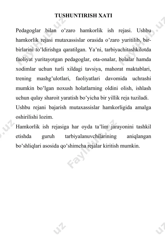 abgacha ta’lim tashkiloti ma’naviyat soatlarida ishtrok etish 2021-2022 o‘quv yili davomida o‘quvlar ota-onalar bilan hamkorlik 7 kuzatuv kengash bilan xamkorligidagi ishlarni yo‘lga solish, yig‘ilishlarda ishtirokini taminlash. 2021-2022 o‘quv yili davomida seminar va tadbirlar 8 bolalarning kattalar va tengdoshlariga bo‘lgan munosabatini aniqlash.bolaning tengdoshlari bilan muloqotga kirishish qobiliyatini rivojlantirish 2021-2022 o‘quv yili davomida faoliyatlar kuzatuvi musiqa rahbar(xodim) bilan hamkorlik 9 3-7 yoshli bolalarning qobiliyatlarini xisobga olgan xolda musiqa ohangiga mos ravishda raqsga tusha olish qobiliyatini faollashtirish 2021-2022 o‘quv yili davomida tadbirlarga tayyorgarlik , faoliyatlarda 10 kattalar yordamida barmoqli teatr inssenirovkasini tayyorlashda bolalar qobiliyatini faollashtirish 2021-2022 o‘quv yili davomida tadbirlarga tayyorgarlik 11 “jonajon o‘zbekistonim, mangu bo‘l omon!”nishonlashga bag‘ishlangan bayram tadbiri 2021-2022 o‘quv yili davomida tadbirlarga tayyorgarlik 12 “ustoz otangdan ulug‘” rukni ostida 2 avlod uchrashuvi. 2021-2022 o‘quv yili davomida faoliyatlarda 13 “tilga e’tibor-elga e’tibor” mavzusida katta va tayyorlov guruxlar ishtirokida tematik kecha. 2021-2022 o‘quv yili davomida tadbirlarga tayyorgarlik 14 “mehrjon” hosil bayrami 2021-2022 …