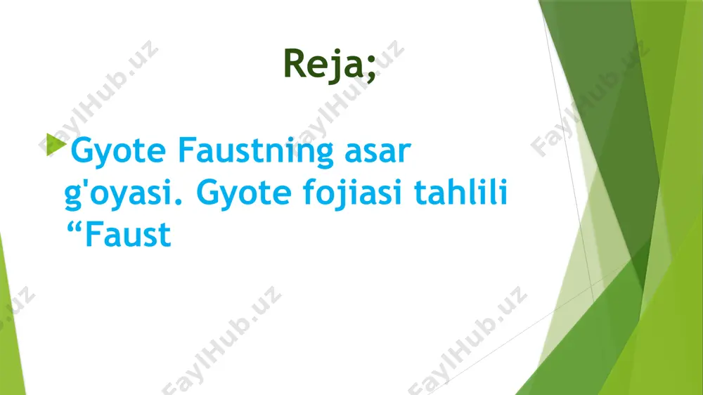 n fikrlash tarziga asoslangan. shunung uchun eng yaxshi usul asarga kiritilgan g'oyalar bilan to'ldirilgan - bu bo'sh vaqtli sharhlangan o'qish. gyote "faust" - bu falsafiy fojia, uning markazida syujetni aniqlaydigan asosiy savollar, badiiy va tasviriy tizim... muallif tasavvur qilganidek, bosh qahramon o'tib ketadi turli mamlakatlar va davrlar. faust - butun insoniyatning umumiy qiyofasi, shuning uchun tarixning butun chuqurligi va dunyo makoni uning harakatlarining sahnasidir. shuning uchun kundalik hayotning xususiyatlari va jamoat hayoti an’anaviy tarzda tasvirlangan. uzoq vaqt frazeologik birliklarga aylangan "faust" fojiasi nafaqat yozuvchining zamondoshlariga, balki uning izdoshlariga ham katta ta'sir ko'rsatdi. bu birinchi qismning davomining ko'p variantlarida, j. bayron, a.s. kabi mualliflarning mustaqil asarlarida aks etgan. pushkin, x.d. grabbe va boshqalar. "faust" ning prologlari faust ikkita kirish so'z bilan ochiladi. ulardan birinchisida ("teatrdagi kirish so'z") gyote san'at haqidagi o'z fikrini bildirgan, ikkinchisi ("osmondagi kirish so'z"), tushunish kalitini berib, to'g'ridan -to'g'ri qahramon haqidagi hikoyani boshlaydi. mafkuraviy ma'no fojia "osmondagi prolog" …