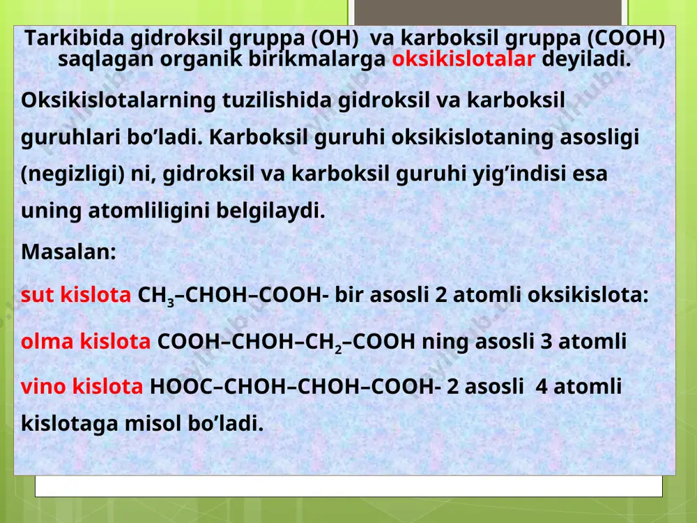 r. oksikislotalar bifunksional moddalar (molekulasida xam gidroksil xam karboksil grupasi) bo’lganligi sababli spirtlarga va kislotalarga xos barcha reaksiyalarga kirishadi. barcha oksikarbon kislotalar spirtlar bilan reaksiyaga kirishib murakkab efirlar xosil qiladi. gidroksil gruppasi bo’yicha reaksiyalar(он) alkillash reaksiyasi 2-metoksibutan kislota 2-oksibutan kislota alisillash reaksiyalari atsetil xlorid 2-atsetoksibutan kislota gidrogalogenlash reaksiyalari 2-xlorpropan kislota oksidlanish reaksiyasi 2-oksopropan kislota ikki funksional gruppa ishtirokidagi reaksiyalar: ( pcl5) bilan reaksiyasi 3-xlorpropan kislotaning xlorangidridi 3-oksibutan kislota ammiak bilan reaksiyasi ammoniyli tuz 3-aminobutan kislota qizdirilganda oksikislotalar oksikislotalar oksikislotalar oksikislotalar 2-oksibutan kislota laktid qizdirilganda oksikislotalar 3-oksi-2-metilbutan kislota 2-metil-2-buten kislota qizdirilganda oksikislotalar 4-oksipentan kislota lakton ishlatilishi asetilsalitsil kislota haroratni (kasal isitmasini) pasaytiruvchi dori sifatida, salol esa ichak yo’llarini dezinfeksiya qilishda medisinada keng ishlatiladi. salitsil kislota o’zi har xil surkov dorilari tarkibida antiseptik sifatida teri kasalliklarida va oziq-ovqat mahsulotlarini konservalashda ishlatiladi. e’tiboringiz uchun raxmat!!!!! ch 3 - ch - cooh oh hooc - ch - cooh oh одноосновная оксикислота двухосновная оксикислота ch …