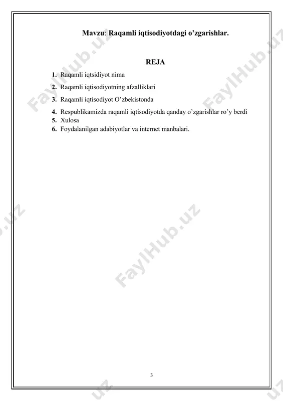 oniyatlar berishi mumkin. raqamli texnologiyalar rivojlanishi ortidan inson, unga kerakli xizmatdan tezroq foydalanishi, internet orqali o'ziga kerakli mahsulotlarni arzon sotib olish bilan ko'plab pul mablag'larini tejashi mumkin. masalan biron bir kitobning elektron ko'rinishda sotib olish sizga, shu kitobni chop etilgan ko'rinishini sotib olish ancha arzonga tushishi mumkin. yoki bo'lmasa oddiy iste'molchi o'zi ham tadbirkor bo'lishi, uyidan chiqmagan holda onlayn savdo-sotiq bilan shug'ullanishi mumkin. raqamli iqtisodiyotning rivojlanishini boshqa afzalliklari quyidagicha bo'lishi mumkin: · ishlab chiqarishda mehnat samadorligini oshishi; · kompaniyalarning raqobatbardoshligini o'sishi; · ishlab chiqarishdagi harajatlarning kamayishi; · yangi ish o'rinlari yaratilinishi; · yangi zamonaviy kasblar paydo bo'lishi; · kambag'allikni yengish va ijtimoiy tengisizlikni yuqolishi. bular raqamli iqtisodiyotning bor yo'gi bir nechta afzalliklari holos. raqamli iqtisodiyotning rivojlanishi bizning kundalik hayotimizga ijobiy ta'sir qiladi, oddiy foydalanuvchiga ko'plab qo'shimcha imkoniyatlar beradi va qolaversa, bozorni o'sishi va rivojlanishini ta'minlab berishi mumkin. raqamli iqtisodiyot keltirib chiqarishi mumkin bo'lgan xavflar kiber hujum xavfi, shaxsiy ma'lumotlar himoyasi …