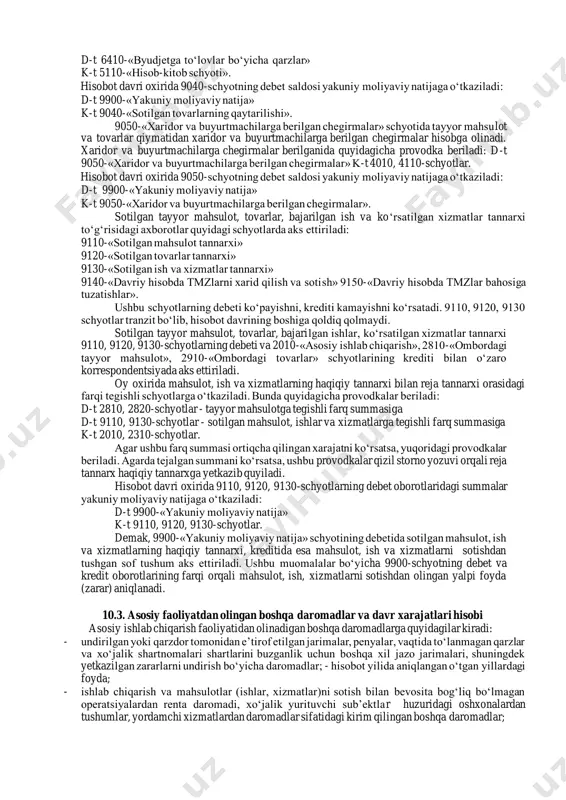 r sifatida hisoblab chiqiladi: uf q=affqmd-mx, bunda, uf – umumxo‘jalik faoliyatidan olingan foyda; md – moliyaviy faoliyatdan olingan daromadlar; mx – moliyaviy faoliyat xarajatlari; - soliq to‘lagungacha olingan foyda, u umumxo‘jalik faoliyatidan olingan foyda plyus favqulodda (ko‘zda tutilmagan) vaziyatlarda ko‘rilgan foyda va minus favqulodda zarar sifatida aniqlanadi: stf q=ufqfp-fz, bunda, stf – soliq to‘lagungacha olingan foyda; fp – favqulodda vaziyatlardan olingan foyda; fz – favqulodda vaziyatlardan ko‘rilgan zarar; - yilning soy foydasi, u soliq to‘langandan keyin xo‘jalik yurituvchi sub’ekt ixtiyorida qoladi, o‘zida daromad (foyda)dan to‘lanadigan soliqni va minus qonun hujjatlarida nazarda tutilgan boshqa soliqlar va to‘lovlarni chiqarib tashlagan holda soliqlar to‘langunga qadar olingan foydani ifodalaydi: sf =stf-ds-bs, bunda, sf – sof foyda; ds – daromad (foyda)dan to‘lanadigan soliq; bs – boshqa soliqlar va to‘lovlar. foydaning taqsimlanishi deganda uning iste’mol va jamg‘arishga yo‘naltirilishi, joriy davr foydasining soliqlar to‘lovi, ishlab chiqarishni rivojlantirish va zaxiralashga hamda kapital egalari o‘rtasidagi shartlar, kelishuvlarga binoan taqsimlanishi …