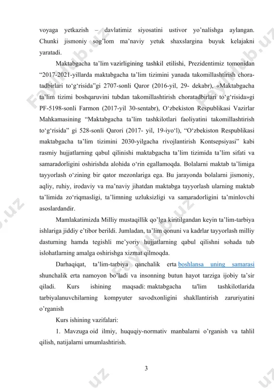 oydalanilgan adabiyotlar ro’yxatidan iborat. i. bob. mt tizimida innovatsiyalar, ilg’or pedogogik va axborot kommunikatsiyasi texnologiyalarini joriy etish 1.1. mtt tarbiyachisi ilg’or pedagogik axborot kommunikatsion texnologiyalardan foydalanishi o'quv jarayoni, shubhasiz, zamonaviy bolalar va jamiyatning o'ziga xos xususiyatlarini hisobga olishi kerak, shuning uchun zamonaviy axborot vositalaridan foydalanish va barcha yoshdagi bolalar bilan ishlashning innovatsion usullaridan foydalanish zarur. hech qanday shubha yo'qki, bu har qanday tarbiyachidan, hatto katta tajribaga ega bo'lishni talab qiladi, o'z-o'zini o'qitishni muntazam amalga oshiradi va pedagogik mahorat va ko'nikmalarni yaxshilaydi. ushbu ishda mavjud pedagogik texnologiyalarni monitoring qilish, yangilar paydo bo'lishini kuzatish va ularni o'rganish kerak. pedagogik texnologiya yordamida nazariy asosda o'rganish va ta'lim jarayonlarini takomillashtirish vositasi va usullari jamlangan bo'lib, ular belgilangan ta'lim maqsadlarini muvaffaqiyatli amalga oshirish imkonini beradi. pedagogik texnologiyalardan ajratilgan holda, o'quv jarayonining samaradorligini oshirishga qaratilgan texnologiyalar ajratib turiladi, bu axborotkommunikatsiya texnologiyalarini o'z ichiga olgan guruhdir. axborot-kommunikatsiya texnologiyalari (akt) - axborotni tayyorlash va uzatish jarayonlari bo'lgan ta'limning …