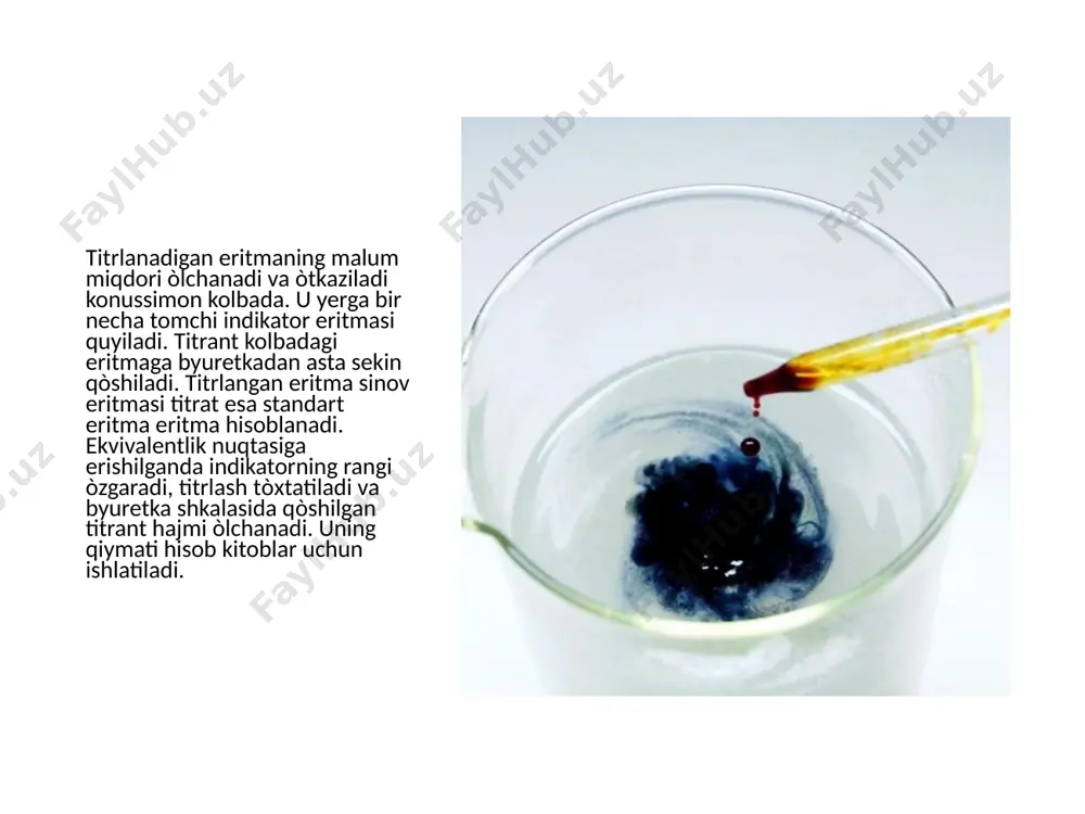 rigan moddaning grammlar soniga aytiladi. masalan h2so4 ning titri 0.0049 g / ml ga teng deyilsa, bu sulfat kislota shu eritmasining xar xil millilitrida 0,0049 g h2so4 bòlishini kòrsatadi. titr t harfi bilan ifodalanadi va tegishli moddaning formulasini kòrsatiladi. masalan, ayni xolda: t=0.0049 g/ml titri aniq malum bòlgan eritma titrlangan eritna deyiladi. gaz analizi-analitik kimyoning bir sohasi. bunda gaz aralashmalarining tarkibi sifat va miqdor jihatdan aniqlanadi. gaz aralashmasini analiz qilishda kimyoviy, fizik-kimyoviy, fizik usullar qòllaniladi. kimyoviy reaksiyalarga asoslangan usulda gaz aralashmasida qanday moddalar borligini bilish uchun u maxsus reagentlar dan òtkaziladi. masalan, gaz aralashmasida vododrod suldid borligini bilish uchun aralashma qòrģoshin atsetat eritmasi dan òtkaziladi. gazlar miqdorini aniqlash uchun aralashma yutuvchi moddalar solingan maxsus ishlardan òtkaziladi. eritma solingan idishning tajribadan avvalgi va keyingi oģirligi solishtirilib yutuvchi moddalarga qancha gaz yutilganligi aniqlanadi. metallurgiya, kimyo sanoati va neftni qayta ishlash sanoatida yonish jarayonini nazorat qilishda maxsus adsorbsiya yoki absorbsiya xromotograf qurilmalaridan foydalaniladi. …