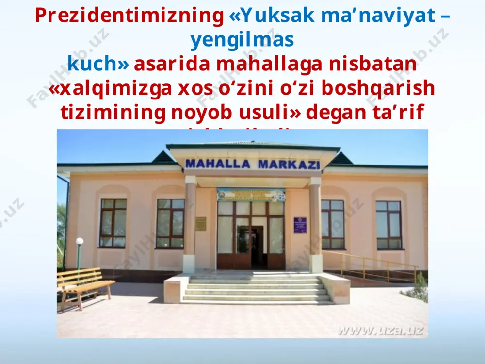 etilgan so‘lim go‘shalarga, militsiya tayanch punktlari, bolalar sport maydonchalariga bir nazar tashlang. bugun mahalla-ko‘yda o‘tkaziladigan barcha katta-kichik tadbirlar mahalla oqsoqollari, maslahatchilar bilan bahamjihat, o‘zaro ko‘mak asosida tashkil qilinadi. mahalla hududini obod qilish, ko‘chalarni tekislash, asfalt yotqizish, yoritish, ariq-zovurlarni tozalash, uylar, daraxtlar, gul va butalarni tartibga keltirish singari barcha ishlar ustida shu fidoyi insonlar bosh-qosh. kåyingi yillarda mahallalarimiz kam ta’minlangan, ko‘p bolali oilalar, yolg‘iz keksalar, nogironlar, yetim-yesirlar, boquvchisini yo‘qotgan oilalarni ijtimoiy muhofaza qilishning asosiy vositasi bo‘lib qoldi. mahallada bayramlar, xonadonlarda to‘ylar, ma’rakalar tashkil etish, ularni isrofgarchiliksiz, ortiqcha xarajatlarsiz ixcham o‘tkazish, albatta, mahalla oqsoqoli va faollarga bog‘liq. mahalla yoshlarni kasb-hunarga yo‘llovchi, ishsizlarni mehnat bilan ta’minlovchi maskan hamdir. har bir oilaning o‘z kasb sulolasi bo‘lganidåk, mahallaning ham uzoq tarixga ega kasb-hunar sulolalari mavjud. savol va topshiriqlar: 1. o‘zbek mahallasidek o‘zini o‘zi boshqarish tizimining boshqa joylarda deyarli uchramasligining sababi nimada, deb o‘ylaysiz? 2. sho‘ro davrida mahallaga deyarli e’tibor berilmagani, uning obro‘sizlantirilishining asl sababi nimada? …