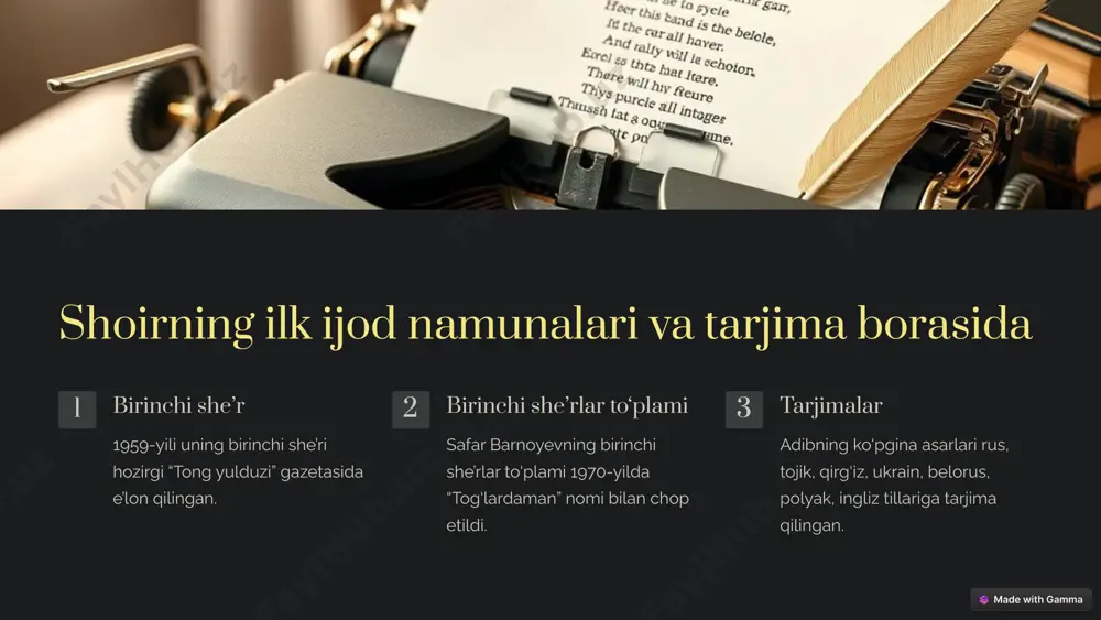 usiyatlari aks ettirilgan. ta’sirchanlik safar barnoyevning asarlari bolalarga ta’sirchan, ularning qalbiga yo‘l topadigan, ularni o‘ylantiradigan va tarbiyalaydigan asarlardir. 8 “ma’naviy qashshoqlik” deganda nimani tushunasiz? “bolalar bor- bolalik yo‘q!” “bolalik” deganda nimani tushunasiz? foydalanilgan adabiyotlar ro‘yxati 1 asosiy adabiyotlar 1. jumaboyev m. o‘zbek bolalar adabiyoti. –t.: o‘qituvchi, 2002, -290 bet. 2 qo‘shimcha adabiyotlar 2. jumaboyev m. bolalar adabiyoti. –t.: o‘qituvchi, 2011, 260 bet. 3 ilmiy maqolalar 3. safarov o., barakayev r., jamilova b. bolalar adabiyoti. -buxoro. durdona, 2019 11 image1.png image2.png image3.png image4.png image5.png image6.png image7.png image8.png image9.png image10.png image11.png image12.png image13.png image14.png image15.png image16.png media1.mp4 image17.png media2.mp4 image18.jpg image19.jpg image20.png image21.png