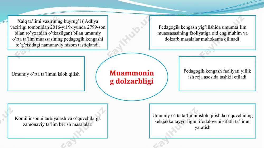 tadbiq etilib, ularga tayangan yondashuvlar qaror topmoqda. boshqarish usulining eng muhim belgilaridan biri uning ilmiy yondashuvga tayanishida namoyon bo’ladi. zero, bugun boshqaruv jarayonini ilmiy asosda tashkil etmasdan uning izchilligi va samaradorligini tasavvur etib bo’lmaydi. albatta, rahbar shaxsi muayyan sohani, korxona yoki tashkilotni samarali boshqarishi uchun, yetarli malaka va bilim, rahbarlik saloxiyati, kabi ma’naviy-axloqiy xislatlar soxibi bo‘lishi zarur. ta’lim sohasi, jumladan, umumiy o’rta ta’lim muassasalarini boshqarish ham bundan istisno emas. ushbu muassasalardagi boshqaruv faoliyatida nazariy bilim va amaliy tajriba va ko‘nikmalarni o’zaro uyg’un xolda qo’llash ta’lim-tarbiya bilan bog’liq masalalarni talab darajasida xal etish, bu jarayonda foydalaniladigan usul va uslublarni o’zluksiz takomillashtirib borish, umuman olganda, umumiy o’rta ta’lim-tarbiya tizimini yanada rivojlantirishga xizmat qiladi. chora-tadbir namunasi t/r muammo muammoning yechimini amalga oshirish mexanizmi ma’sullar muddati natija 1 pedagogik kengash xodimlari o’rtasida raqobatga asoslangan do’stona muhitni tashkil qilish oʻqituvchilarni toifaga ajratish (maktab doirasida) direktor, o’.i.b.d.o’ psixolog 2024-2025 o’quv yilidagi birinchi yarim yillik o’qituvchilar o’z …