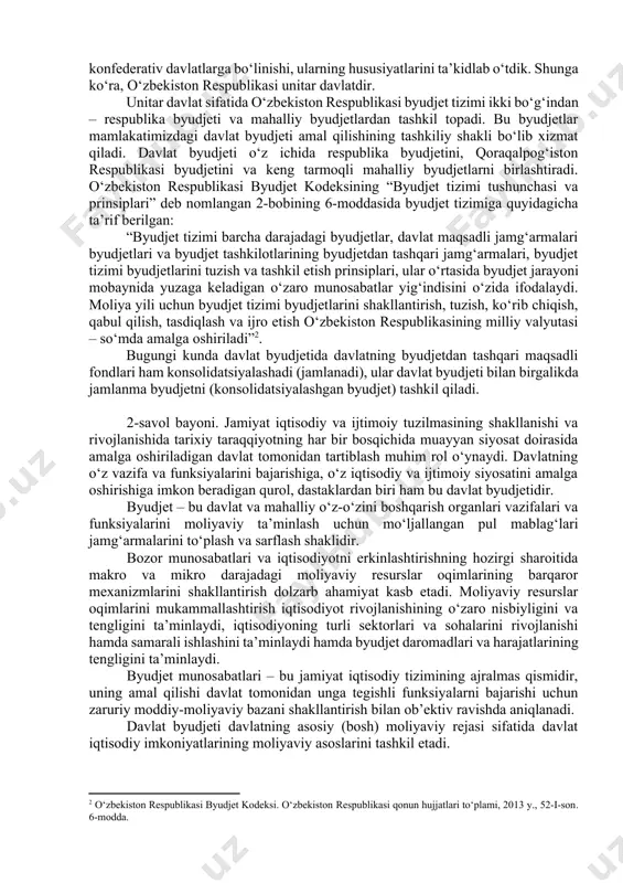 ng byudjet tuzilishi modeli markazlashtirilgan bo‘lib, byudjet tizimi ikki darajaga ega. birinchi darajaga o‘zbekiston respublikasi respublika byudjeti, ikkinchisiga esa – qoraqalpog‘iston respublikasi byudjeti va mahalliy byudjetlar kiradi. bunda respublika byudjeti byudjet tizimining asosiy darajasi hisoblanadi, qoraqalpog‘iston respublikasi byudjeti va mahalliy byudjetlarning yig‘indisi o‘zbekiston byudjet tizimining ikkinchi darajasini tashkil etadi. o‘zbekiston respublikasi respublika byudjeti umumdavlat soliqlari va majburiy to‘lovlari hisobiga shakllantiriladi va umumdavlat ahamiyatiga molik tadbirlarni moliyalashtirishga ishlatiladi. o‘zbekiston respublikasi byudjet kodeksining 3-moddasiga asosan, byudjet tizimi byudjetlari o‘zbekiston respublikasining davlat byudjeti, davlat maqsadli jamg‘armalari byudjetlari va byudjet tashkilotlarining byudjetdan tashqari jamg‘armalaridan iborat (2.1-chizma). ўзбекистон республикаси бюджет тизими бюджет тизими бюджетларини ташкил этиш принциплари, бюджет жараёнида юзага келадиган ўзаро муносабатлар бюджет ташкилотларининг бюджетдан ташқари мақсадли жамғармалари давлат мақсадли жамғармалари бюджетлари давлат бюджети 2.1-chizma. o‘zbekiston respublikasi byudjet tizimining tuzilishi keng ma’noda byudjet tizimi – iqtisodiy munosabatlarga asoslangan, davlat qurilishining shakliga mos ravishda tuzilgan, huquq normalari bilan tartibga solinadigan markaziy va mahalliy byudjetlar yig‘indisidan, …