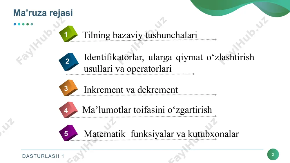 static, extern. tiplar bilan ishlash: typedef, sizeof. struktura: struct, union. chiqish: return, entry. dasturlash 1 8 o’zgaruvchi nima? o‘zgaruvchi - ma'lum nomga ega va o‘zida qiymatlarni saqlaydigan kompter xotirasidagi yacheyka. dastur bajarilish jarayonida o‘zgaruvchilar qiymati o‘zgarishi mumkin. yacheykaga yangi qiymat yozilganda eskisi o‘chib ketadi. o‘zgaruvchi tiplari: int – [-32768…32767] oraliqdagi butun sonlar (2 baytgacha) float – xaqiqiy son, floating point (4 baytgacha) char – belgi, character (1 baytgacha) dasturlash 1 9 o’zgaruvchilarning tiplari char – bitta simvol; long char – uzun simvol; int – butun son; short yoki short int – qisqa butun son; long yoki long int – uzun butun son; float haqiqiy son; long float yoki double – ikkilangan haqiqiy son; long double – uzun ikkilangan haqiqiy son. dasturlash 1 10 o’zgaruvchilarni e’lon qilish va qiymat berish o‘zgaruvchilarni dasturning ixtiyoriy qismida qayta ta'riflash mumkin. misol uchun: int a, b1, ac; yoki int a; int b1; int ac; o‘zgaruvchilar …