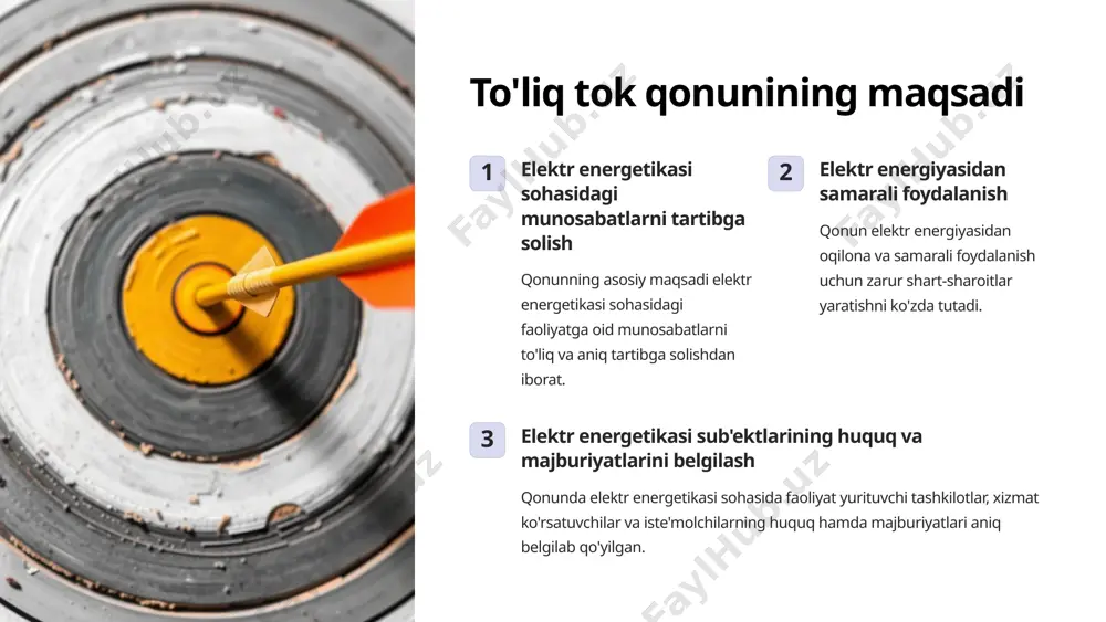 siyosatini amalga oshirish va tartibga solish mechanisms belgilangan. 4 to'liq tok qonunida qo'llaniladigan tushunchalar elektr energetikasi sub'ekti elektr energiyasini ishlab chiqarish, uzatish, tarqatish va iste'mol qilish bilan shug'ullanuvchi tashkilotlar elektr energiyasi iste'molchisi elektr energiyasini barqaror va uzluksiz yetkazib olish uchun haq to'lovchi jismoniy yoki yuridik shaxs elektr energiyasi yetkazib beruvchi elektr energiyasini iste'molchilarga yetkazib berish faoliyatini amalga oshiruvchi tashkilot yagona elektr energiyasi tizimi elektr energiyasining yagona ishlab chiqarish, uzatish, tarqatish va iste'mol qilish tizimi 5 to'liq tok qonunidagi majburiy talablar 1 litsenziyalash elektr energetikasi sohasida faoliyat olib borish uchun maxsus litsenziya olish shart. 2 belgilangan standartlarga rioya etish elektr energetikasi sub'ektlari o'z faoliyatlarida davlat tomonidan tasdiqlangan standart va qoidalarga rioya etishlari shart. 3 hisobotlarni taqdim etish elektr energetikasi sub'ektlari o'z faoliyatlariga oid barcha ma'lumotlarni belgilangan tartibda taqdim etishlari shart. 6 to'liq tok qonuniga rioya etish kafolatlari davlat nazorati elektr energetikasi sohasidagi faoliyatga davlat tomonidan doimiy nazorat o'rnatilgan. huquqiy himoya ushbu …