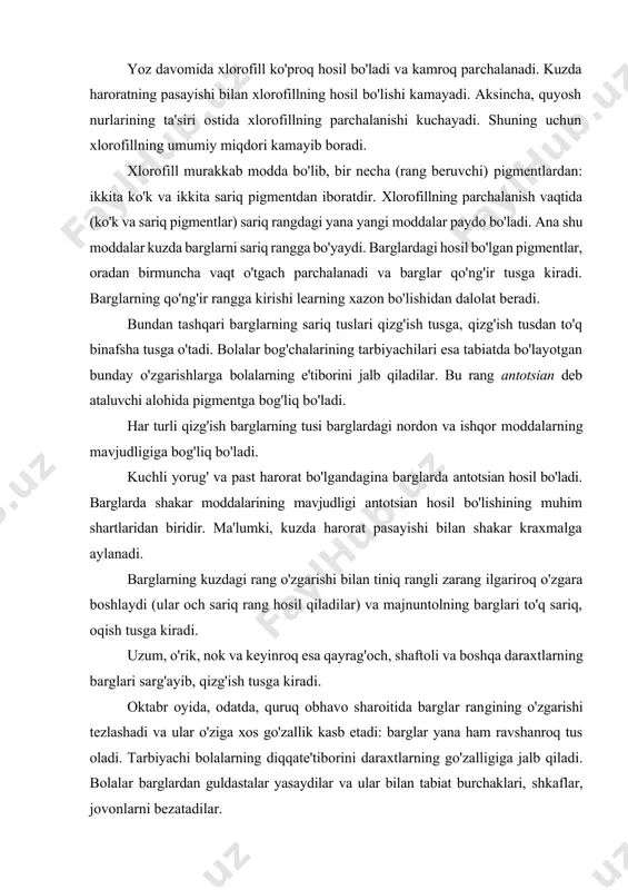 tda, quruq obhavo sharoitida barglar rangining o'zgarishi tezlashadi va ular o'ziga xos go'zallik kasb etadi: barglar yana ham ravshanroq tus oladi. tarbiyachi bolalarning diqqate'tiborini daraxtlarning go'zalligiga jalb qiladi. bolalar barglardan guldastalar yasaydilar va ular bilan tabiat burchaklari, shkaflar, jovonlarni bezatadilar. barglarning rangi o'zgara borishi bilan astasekin xazon bo'la boshlaydi va o'simliklarning qishga tayyorlanishiga zamin hozirlaydi, chunki bunday tayyorgarlik o'simliklar hayoti bilan bog'liqdir. oktabr oyida barglar to'kila boshlaydi. avvalo zarang daraxtining barglari to'kiladi, keyinchalik esa, akatsiya, qayrag'och, gledichiya, eman, yong'oq, oq terak va chinorlarning barglari to'kila boshlaydi. zarang daraxtining siyraklashgan barglari orasidan juftjuft boiib o'suvchi bir pallali meva boshlari ko'rinib turadi. «pallalar» orasida jigarrang, yumaloq urug'lari bo'ladi. kuzda to'kilgan urug'dan yana daraxt o'sib chiqaveradi. zarang daraxtining urug'lari juda ko'p bo'ladi, uzoq payt yaxshi saqlanadi (buzilmaydi), shuning uchun bu daraxtning unib o'sishini kuzatish va shunday daraxtlarni ekib o'stirishga bolalarni jalb qilish oson. shu maqsadda kuz faslida zarang, shumtol va boshqa daraxt navlarining …