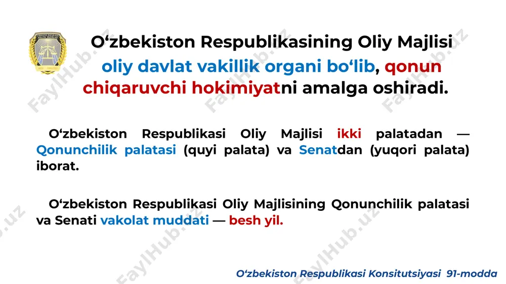 i amalga oshirishiga to‘sqinlik qilish maqsadida deputatga senatorga qanaqa tarzda bo‘lmasin ta’sir ko‘rsatishga yo‘l qo‘yilmaydi. tegishli palataning roziligisiz deputat, senator jinoiy javobgarlikka tortilishi, ushlab turilishi, qamoqqa olinishi yoki sud tartibida beriladigan ma’muriy jazoga tortilishi mumkin emas. oliy majlis vakolatlari qanday? konstitutsiyasini va qonunlarini qabul qilish, unga o‘zgartirish va qo‘shimchalar kiritish; parlament nazoratini amalga oshirish; davlat organlari mansabdor shaxslarini lavozimga tayinlash, saylash va lavozimdan ozod etish; vakillik oliy majlis vakolatlari qanday? o‘zbekiston respublikasi oliy majlisi qonunchilik palatasi va senatining birgalikdagi vakolatlari o‘zbekiston respublikasi konstitutsiyasi 93 moddasida; o‘zbekiston respublikasi oliy majlisining qonunchilik palatasi mutlaq vakolatlari o‘zbekiston respublikasi konstitutsiyasi 94 moddasida; o‘zbekiston respublikasi oliy majlisining senati mutlaq vakolatlari o‘zbekiston respublikasi konstitutsiyasi 95 moddasidada belgilangan. palatalar tarkibiy tuzilishi qanday? oliy majlis qonunchilik palatasi: qonunchilik palatasi kengashi qo‘mitalar komissiyalar fraksiyalar oliy majlis senati: qonunchilik palatasi kengashi qo‘mitalar komissiyalar palatalar tarkibiy tuzilishi qanday? qonunchilik palatasining va senatning faoliyatini samarali tashkil etish maqsadida qonunchilik palatasi kengashi va …