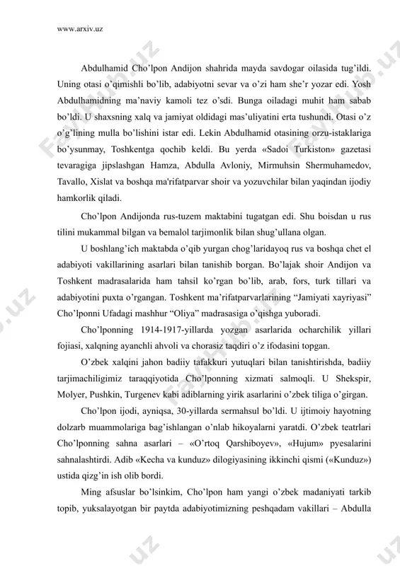 a, 30-yillarda sermahsul bo’ldi. u ijtimoiy hayotning dolzarb muammolariga bag’ishlangan o’nlab hikoyalarni yaratdi. o’zbek teatrlari cho’lponning sahna asarlari – «o’rtoq qarshiboyev», «hujum» pyesalarini sahnalashtirdi. adib «kecha va kunduz» dilogiyasining ikkinchi qismi («kunduz») ustida qizg’in ish olib bordi. ming afsuslar bo’lsinkim, cho’lpon ham yangi o’zbek madaniyati tarkib topib, yuksalayotgan bir paytda adabiyotimizning peshqadam vakillari – abdulla qodiriy, abdurauf fitrat, usmon nosir, elbek, botular qatorida shaxsga sig’inish davrining qurboni bo’ldi (258 so’z). murabbiy abdulla avloniy 1879-yili toshkentning mergancha mahallasida tug’ilgan. yoshligi mirobodda kechdi. «temiryo'l markazi» bekatida joylashgan bozorning shundoqqina orqasida sapyorlar ko'chasi bor. bu ko'chada, asosan, rus temiryo'l ishchilari istiqomat qilganlar. a.avloniy shular orasida o'sib-ulg'aydi. ming-minglab kishilar singari, abdullaning ham turmushi og'ir edi. shu sababli madrasani tugata olmadi. 14-15 yoshlarida mardikorlik qilib kun kechirishga majbur bo'ldi. mustaqil o'qidi. arab, fors, rus tillarini o'rgandi. she'r mashq qildi. podsho xalqqa ozodlik bermasligini tushunib yetdi. u do'stlari bilan yashirin uyushma tuzarkan, birinchi navbatda qilinadigan eng …