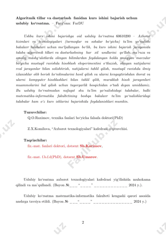 4 y.) 3 mundarija kirish. . . . . . . . . . . . . . . . . . . . . . . . . . . . . . 4 1. kurs ishini bajarish bo‘yicha umumiy qoidalar. . . . . . . . . 5 2. baholash tartibi va mezonlari. . . . . . . . . . . . . . . 16 3. kurs ishining namunaviy mavzulari. . . . . . . . . . . . 17 5. kurs ishi mavzusi va rejasi namunalari. . . . . . . . . .. 19 6. kurs ishini bajarish bo‘yicha namuna. . . . . . . . . . 22 tavsiya etiladigan adabiyotlar ro‘yxati. . . . . . . . . . . . 61 4 kirish bakalavriat ta’lim yo‘nalishlari o‘quv jarayonining zarur elementi – ushbu yo‘nalishlar o‘quv …