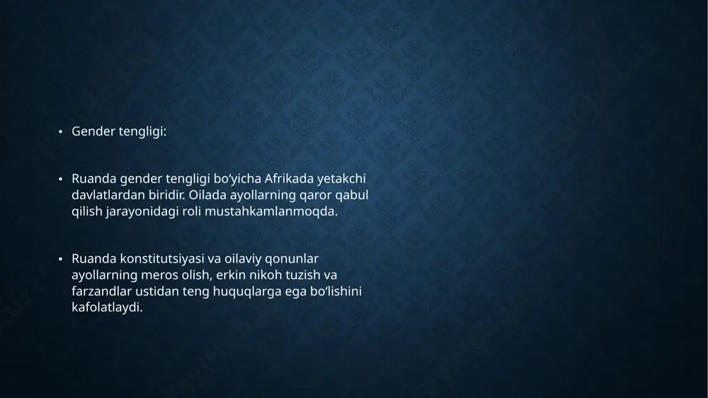 vchi qismi hisoblanadi va kelinlik to'lanmaguncha nikoh tan olinmaydi. an'anaviy e'tiqodga ko'ra, bola qachon turmushga chiqishga tayyorligini bilmaydi, shuning uchun ota-onalar ular uchun qaror qabul qilishadi. yoruba ""bi omode ba to loko, aa fun loko, bi o ba to l'ada, aa fun l'ada" kabi maqollarni o'rgatadi, bu "bola ketmon uchun pishganida, unga ketmon beriladi, ota-onalar bolaning nikoh uchun "pishgan" ekanligiga ishonishganda, ular ko'pincha bola bilmagan holda xotin izlash jarayonini boshlaydilar. xotinga, shuningdek, u xotin sifatida o'z rollari va nikohning ahamiyati haqida ma'lumot beradigan maktab yuboriladi. kelinni o'g'irlash! namibiyaning himba qabilasi va gananing frafra qabilasi orasida, bir kishi turmushga chiqadigan qizni aniqlaganida, uning oilasi bo'lajak kelinni o'g'irlab, qochishdan qattiq himoyalangan holda o'z uylariga olib ketishadi. keyin frafra qabilasidagi kuyovning oilasi kelinning oilasiga tamaki, kola yong'og'i va gvineya qushlari kabi sovg'alar bilan tashrif buyurib, qizining qaerdaligi to'g'risida xabar berishadi. e’tiboringiz uchun tashakkur image2.png image3.png image4.png image5.png image6.png image7.png image8.png image9.png image10.png image11.png …