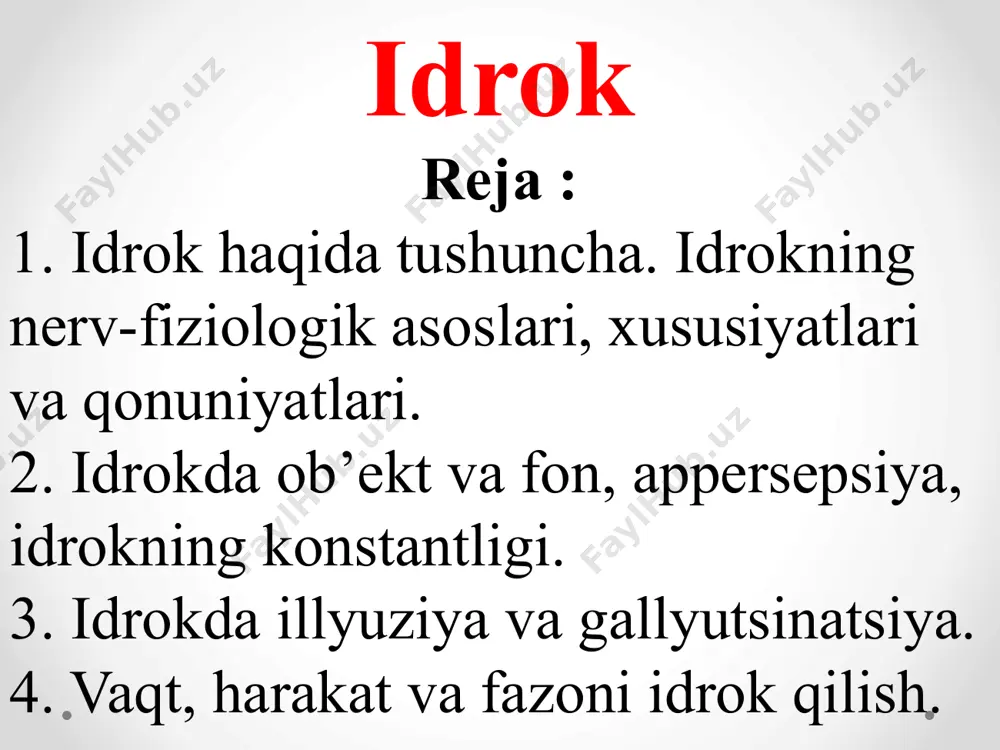 xopatologik hodisa. tevarak - atrofimizni qurshab olgan moddiy olamdagi barcha narsalar fazoda joylashgan bo’lib, muayyan o'rin egallaydi, ulardan har birining o'z katta-kichikligi, hajmi va shakli bor. narsalarning ana shunday fazoviy holatlarini kо’z о'ngimizda aks ettirishimiz fazoni idrok qilish deb ataladi. narsalar harakati va o'zgartshidagi oldinma-ketinlik, tezlik va davomiylikning odam ongida aks ettirilishi vaqtni idrok qilish deb ataladi. ob’yektlarning fazoda egallagan holati o'zgarishining aks ettirilishi harakatni idrok etish deyiladi. narsalarning uzoq-yaqinligini idrok qilishda ikki ko'zdagi ko'rish o'qlarining yo'nalishi tufayli sodiy bo'luvchi sezgilar katta ahamiyatga ega, ikki ko'z o'qining bir narsaga tomon yo'naltirilishi konvergensiya (lot. konvergare-yaqinlashish, tutashish) deb ataladi. vaqtni idrok qilish bizga voqelikdagi hodisalarning davomiyligi, tezligi va ketma-ketligi xaqida tassavur beradi. tabiatdagi davriy harakatlar va bir me'yorda yuz beruvchi o'zgarishlar, yerning aylanishi, kunduz va kechaning almashinishi, yil fasllari, vaqtni (oy, yil, sutka) aniq o'lchash imkonini beradi. odamlar tashqi olamni idrok qiiish qob'tliyatlariga ко 'га bir-b'trlaridan farq qiladilar. ayrim kishilar yahshi kuzata …