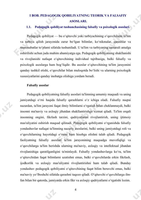 ing emotsional intellekti, muloqot qobiliyati va o‘quvchilarning hissiy holatlarini tushunish qobiliyatiga asoslanadi. o‘quvchilarni rag‘batlantirish, ularning qiziqishlarini uyg‘otish va ularni muvaffaqiyatga erishishga undashda o‘qituvchining psixologik yondashuvi muhimdir. o‘qituvchi o‘quvchilarning psixologik xususiyatlarini tushunish orqali, ularning qobiliyatlarini rivojlantirishga yordam beradi, bu esa pedagogik qobiliyatning samaradorligini oshiradi. pedagogik qobiliyatning psixologik asoslari, o‘quvchilarning turli yosh guruhlaridagi xususiyatlarni hisobga olishni, o‘quvchilarning shaxsiy qiziqishlari va ehtiyojlarini inobatga olishni taqozo qiladi. o‘quvchilar o‘zlarining o‘qish usullarini, bilish motivlarini va o‘quv jarayoniga yondashuvini turli psixologik fazalarda o‘zgartirishi mumkin. shuning uchun o‘qituvchining psixologik qobiliyati o‘quvchilarga mos ta'lim usullarini tanlash va individual yondashuvni amalga oshirishda alohida ahamiyatga ega. psixologik yondashuvda o‘qituvchining o‘quvchilarga qanday ta'lim berishini va ular bilan qanday muloqot o‘rnatishini psixologik tushunchalar belgilaydi. masalan, o‘quvchilar o‘rtasida muloqot, o‘qituvchi va o‘quvchilar o‘rtasidagi hissiy aloqalar ta'lim jarayonida muhim rol o‘ynaydi. o‘quvchilarga xatoliklarini tuzatishda yordam berish, ular bilan konstruktiv muloqot olib borish, rag‘batlantirish va qo‘llab-quvvatlash kabi psixologik usullar pedagogik qobiliyatni rivojlantirishga xizmat qiladi. 1.2. …