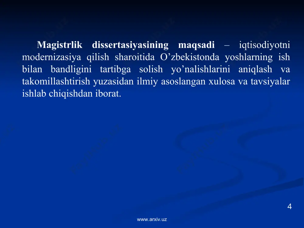 i tartibga solish mexanizmlarini takomillashtirishning asosiy yo’nalishlarini aniqlash; - yoshlar mehnat bozorida oqilona ish bilan bandlikni ta’minlashni takomillashtirish yuzasidan ilmiy asoslangan xulosa va tavsiyalar ishlab chiqish. 5 www.arxiv.uz www.arxiv.uz tadqiqot obyekti – o’zbekiston respublikasi yoshlar mehnat bozori. tadqiqot predmeti - mehnat bozorida yoshlarning ish bilan bandligini oshirishda davlat siyosatida amalga oshadigan ijtimoiy - iqtisodiy munosabatlar majmuasi. 6 www.arxiv.uz www.arxiv.uz * magistrlik dissertasiyasining ilmiy yangiligi quyidagilardan iborat: - yoshlarning ish bilan bandligini ta’minlashning ijtimoiy-iqtisodiy mazmuni va mohiyati o’rganilgan; - aholini ish bilan bandligi bo’yicha nazariy yondashuvlar yoritib berilgan; - yoshlarning ish bilan bandligini tartibga solishda davlatning roli yoritib berilgan; - respublikada aholini ish bilan bandligini ta’minlash holati tahlil qilingan; - yoshlar ish bilan bandligini ta’minlash va kasb-hunar kollejlari bitiruvchilarini ishga joylashtirish ko’lamini kengaytirishda kichik biznes va xususiy tadbirkorlikning roli tahlili qilingan; - yoshlarning ish bilan bandligini oshirish mezonlari va ko’rsatkichlar aniqlangan; - yoshlar mehnat bozorini tartibga solish mexanizmlarini takomillashtirishning asosiy yo’nalishlari …