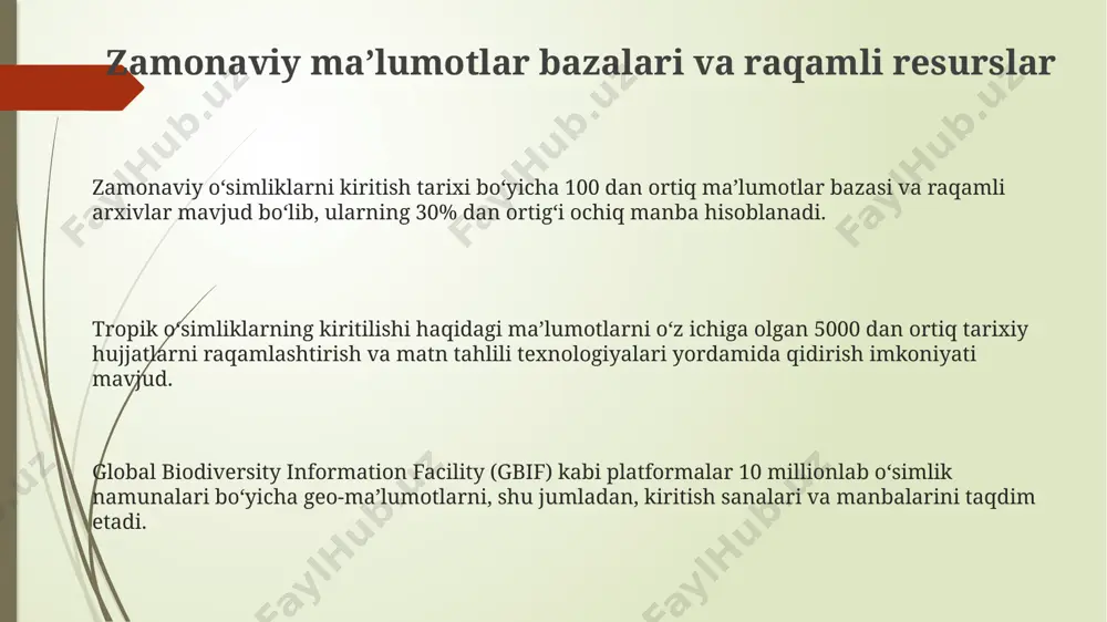 otlarni, shu jumladan 200 dan ortiq turlarga oid ma'lumotlarni taqdim etadi. botanika bog'larining arxivlaridagi hujjatlar, o'simlik ekspeditsiyalarining 100 yillik hisobotlarini va 5000 dan ortiq o'simlik namunalarining kiritilish jarayonini aks ettiruvchi detalli yozuvlarni saqlaydi. sayohatchilarning kundaliklari va xatlari 18-19-asrlardagi o'simlik turlarining tarqalishi haqidagi muhim ma'lumotlar manbai bo'lib, kamida 50 ta yangi tur haqidagi tavsiflarni o'z ichiga olgan. oʻsimliklarni kiritish tarixi boʻyicha maʼlumotlarni yigʻish usullari genetik tahlil usullari, xususan, dnk barcoding texnologiyasi, oʻsimliklarning kelib chiqish manbalarini aniqlash va kiritish yoʻllarini kuzatishda muhim rol oʻynaydi, kamida 50 ta oʻsimlik turi boʻyicha maʼlumot toʻplash mumkin. oʻsimliklarni kiritish tarixiga oid hujjatlarni (masalan, botanika bogʻlari arxivlari, 18-20-asrlarga oid ekspeditsiya kundaliklari) tahlil qilish orqali 100 dan ortiq turdagi oʻsimliklarning kiritilish vaqtlari aniqlanishi mumkin. tarixiy manbalar, geobotanika xaritalari va qishloq xoʻjaligi yozuvlari birgalikda tahlil qilinganda, 20 dan ziyod mintaqadagi oʻsimliklarning kiritish tarixini qayta tiklash imkonini beradi, shu jumladan, mahalliylashish jarayonini ham aks ettiradi. e'tiboringiz uchun rahmat @taqdimot_robot