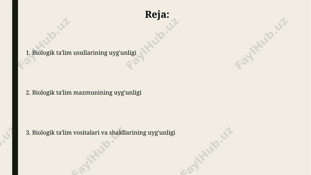 olish va uyg'unlik differensiatsiya va individualizatsiya tamoyillarini qo'llash orqali, 7 ta turdagi o'quv faoliyatlarini taklif qilish o'quvchilarning individual xususiyatlariga moslashgan uyg'un ta'lim muhitini yaratadi. o'quvchilarning 30% ga yaqini vizual, 40% - audio va 20% kinestetik o'rganish usullarini afzal ko'rishlarini hisobga olib, turli xil ta'lim vositalaridan foydalanish uyg'unlikni ta'minlaydi. biologiya ta'limi mazmuni va uslublarining uyg'unligi biologiya fanini o'qitishda 3d modellashtirish, virtual laboratoriyalar kabi zamonaviy texnologiyalar va biologik jarayonlarni simulyatsiya qilish vositalari integratsiyasi o'quv samaradorligini oshiradi. biologiya ta'limi mazmuni 7-sinf o'quv dasturida 3 ta asosiy bo'limga bo'linib, har bir bo'limda amaliy mashg'ulotlar, laboratoriya ishlari va loyihalar bilan boyitilgan. baholash tizimi va biologiya ta'limi mazmunining uyg'unligi биологик таълимдаги компетенцияларни баҳолашда 2 та асосий йўналиш – билим ва кўникмаларни баҳолаш ҳамда тафаккур ва таҳлил қобилиятини баҳолаш – ўқув мақсадлари билан уйғун бўлиши зарур. баҳолаш тизимидаги 3 та асосий компонент – тестлар (40%), амалий ишлар (30%) ва мустақил ишлар (30%) – биология фан ўқув дастурининг …