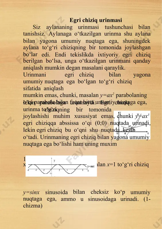 g uzluksizligiga ko‘ra m0 nuqtaga teng kuchli kurinma=tg intilishi x = lim tg , va n m 0 yning 0 n nuqtaning ga intilishiga ekanligini e’tiborga olsak, kurinma = lim y x0 x tenglikka ega bo‘lamiz urinmaning burchak koeffitsientini topaylik. qaralayotgan f(x) funksiya 6-chizma urinmaning absisa o‘qining musbat yo‘nalishi bilan hosil qilgan urinma va normal tenglamalari. hosilaning geometrik ma’nosi yuqorida biz, agar y=f(x) funksiya grafigining m0(x0;f(x0)) nuqtasida urinma o‘tkazish mumkin bo‘lsa, u holda urinmaning burchak koeffitsienti kurinma= lim y x0 x ekanligini ko‘rsatgan edik. bundan hosilaning geometrik ma’nosi kelib chiqadi: y=f(x) funksiya grafigiga abssissasi x=x0 bo‘lgan nuqtasida o‘tkazilgan urinmaning burchak koeffitsienti teng 7-chizma hosilaning shu nuqtadagi qiymatiga 8-chizma kurinma=f’(x0). faraz qilaylik y=f(x) funksiya x=x0 nuqtada uzluksiz va f’(x0)=+ bo‘lsin. u holda funksiya grafigi abssissasi x=x0 nuqtada vertikal urinmaga ega bo‘lib, unga nisbatan funksiya grafigi 6- chizmada ko‘rsatilgandek joylashadi. xuddi shu kabi f’(x0)=- bo‘lganda ham x=x0 nuqtada funksiya grafigi vertikal urinmaga …