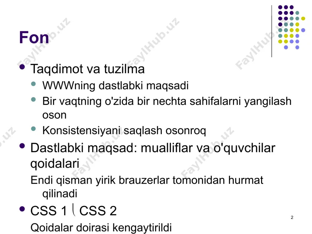 g barchasi shaklga ega {mulk nomi: qiymat;} bilan ajratilgan bir nechta qoidalar ; dalhousie csci 3172 ma'ruza: css essentials 2007-2008 yil kuz versiyasi 6 7 selektorlar turning har bir elementiga qo'llanilishi mumkin masalan, h2 ko'pincha elementlar sinfiga darslik ham , kitob ham mos keladi pseudo-elementlarga qo'llanilishi mumkin a: tashrif buyurgan va hokazo. dalhousie csci 3172 ma'ruza: css essentials 2007-2008 yil kuz versiyasi 7 8 maxsus elementlar div va oraliq faqat boshqa elementlarni guruhlash uchun div blok darajasida (paragraflar haqida o'ylang) span qatorda ( haqida o'ylang ) dalhousie csci 3172 ma'ruza: css essentials 2007-2008 yil kuz versiyasi 8 9 selektorlar (davomi) e e 1 e 2 e 1 > e 2 e 1 + e 2 e# identifikatori e. sinf qo'shimcha naqsh mosliklari uchun tarqatma materialga qarang keyingi slaydda keltirilgan (faqat kaskaddan keyin) selektor har doim eng o'ngdagi elementga ishora qiladi dalhousie csci 3172 ma'ruza: css essentials 2007-2008 yil kuz versiyasi …