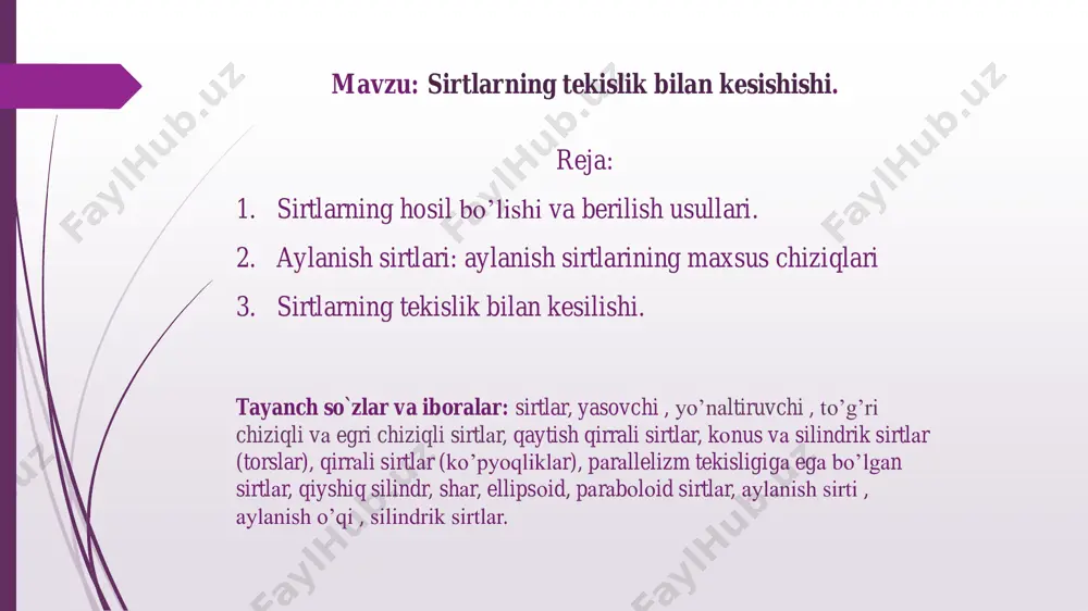 qning ma’lum qonunga asosan uzluksiz harakatidan sirtlar hosil bo’ladi. bunda sirt hosil qiluvchi yasovchi o’zgarmas yoki o’zgaruvchan bo’lishi mumkin. hаrаkаtlаnish nаtijаsidа sirt hоsil qiluvchi n chiziq uning yasоvchisi deyilаdi. yasоvchi chiziqning hаrаkаtini belgilоvchi chiziq m esа sirtning yo’nаltiruvchi chizig’i deyilаdi. yasоvchilаrning turigа qаrаb sirtlаr to’g’ri chiziqli vа egri chiziqli sirtlаrgа bo’linаdi. yasоvchilаri to’g’ri chiziq bo’lgаn sirtlаr to’g’ri chiziqli sirtlаr deyilаdi. chiziqli sirtlаrga qaytish qirrali sirtlar, kоnus vа silindrik sirtlаr (torslar), qirrаli sirtlаr (ko’pyoqliklаr) hаmdа pаrаllelizm tekisligigа egа bo’lgаn sirtlаr kirаdi. ta’rif. to‘g‘ri chiziqning fazoda berilgan uchta (m, n va ℓ) yo‘naltiruvchi chiziqlarni kesib o‘tib, uzluksiz harakatlanishidan hosil bo‘lgan sirt to’g’ri chiziqli sirt deyiladi. bu sirtni uch yo‘naltiruvchi chiziqli sirt deb yuritiladi. bu chiziqli sirt aniqlovchi parametrlar orqali f (m, n, ℓ) ko‘rinishda yoziladi. chiziqli sirtning bunday umumiy holi qiyshiq silindr deyiladi. 3- b rasmda qiyshiq silindrning yaqqol tasviri ko‘rsatilgan. ℓ chiziqni yo‘naltiruvchi qilib, (a, ℓ) konus sirti hosil qilamiz. egri …