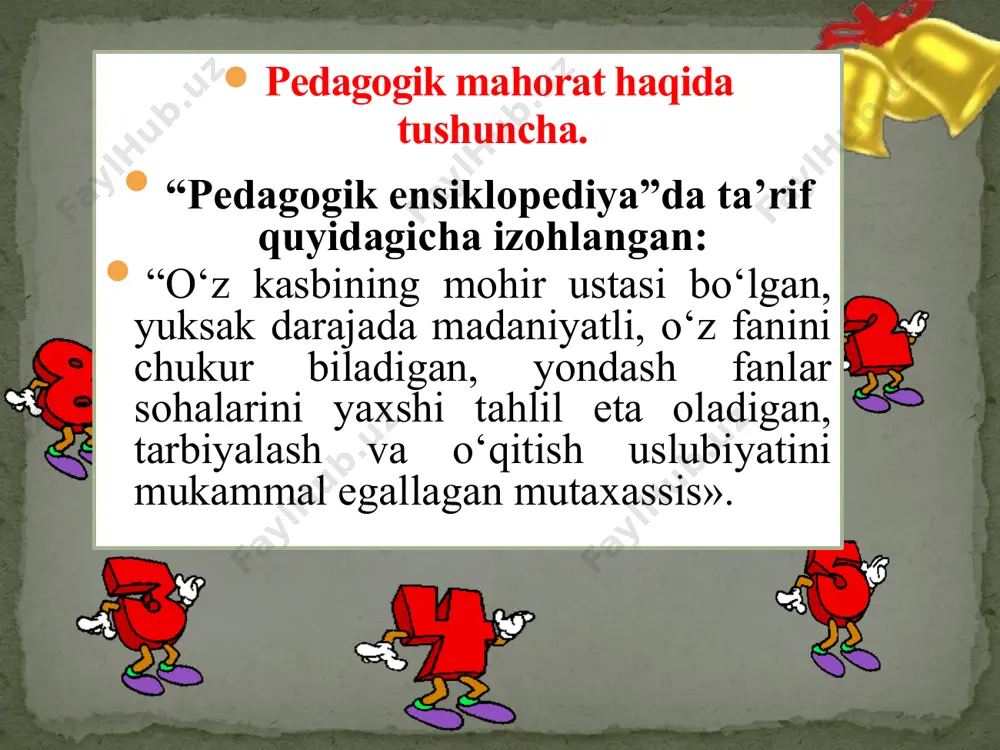 xohliq, yaxshilikni ravo ko’rish. 2) idrok eta olish qobiliyati - kasbiy hushyorlik, sezgirlik, pedagogik zehn. 3) shaxs jo’shqinligi - irodaviy ta’sir ko’rsata olish va mantiqan ishontira olish qobiliyati. 4) hissiy turg’unlik - o’zini qo’lga olish qobiliyati. 5) optimistik faraz, baholash qobiliyati. 6) ijodiy qobiliyat. 4. pedagogik texnika bu pedagogik mahoratning to’rtinchi tarkibiy qismi - o’qituvchi xatti-harakatini tashkil etish shakli. faqat bilish, yo’nalish va qobiliyatlargina ko’nikmalarsiz yaxshi natijalar garovi emas. pedagogik texnika o’z ichiga ikki guruhdagi ko’nikmalarni oladi: o’z-o’zini boshkara olish ko’nikmalari va pedagogik vazifalarni hal etish jarayonida o’zaro ta’sir etish ko’nikmalari. birinchi guruh. ko’nikmalari - bu o’z tanasi, hissiy holati, nutq texnikasini boshqarishiga qaratilgan. ikkinchisi – didaktik, tashkilotchilik ko’nikmalari, aloqali o’zaro ta’sir texnikasiga ega bo’lish. (bu haqda keyinchalik alohida to’xtaymiz). pedagogik faoliyatning maqsadi o’ziga xos xususiyatga ega; 1.o’qituvchi ishining maqsadi jamiyat tomonidan belgilanadi, ya’ni o’qituvchi erkin holda o’z mehnatining natijasini tanlamaydi, uning harakatlari o’quvchi shaxsini har tomonlama rivojlantirishga qaratilmog’i lozim. …