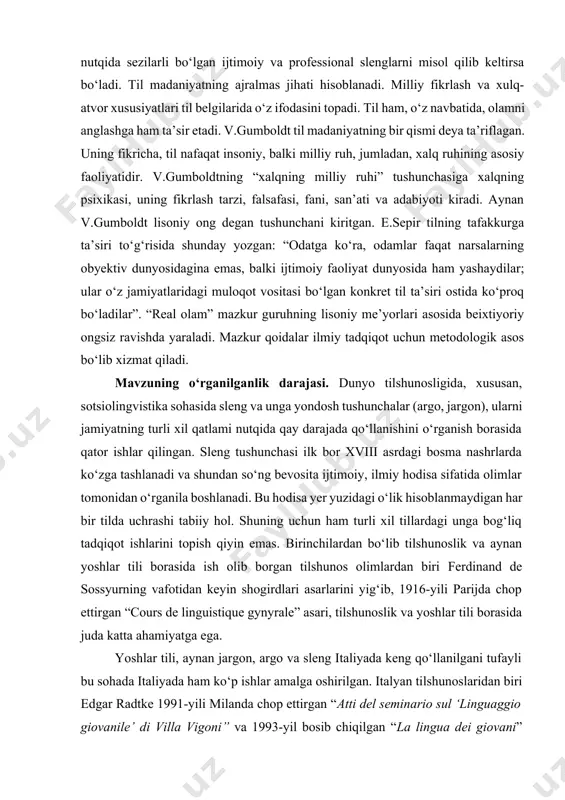 ovanile” e “italiyano dei giovani” asari, gian ruggero manzonining 1980-yili yozilgan “pesta duro e vai trаnquilo. dizionario del linguaggio giovanile” asarlari juda katta ahamiyatga ega. o‘zbek tilshunoslaridan biri s.axmanovaning 1957-yil chop ettirgan “очерки по обшей и русской лексикологии” maqolasi va 1969-yili bosib chiqilgan “словарь лингвистических терминов” lug‘atlari tilshunoslikda keng qo‘llaniladi. yoshlar tili va sleng (argo, jargon) borasida rus olimlari ham bir qator ishlar olib borgan. e. g.borisova – lukashanesning moskvada 1983-yili chop ettirgan “о лексике современного молодежного жаргона” asari, n.v.batyukovaning 1989-yili yozilgan “о соотношении студенческого жаргона и городского просторечия” asari, o.p.ermakovaning “семантические процессы в русском молодежном жаргоне // поэтика. стилистика. язык и культура” maqolasi, a.t.lipatovning “русский сленг и его соотнесенность с жаргоном и арго” asari, e.pervuxinaning “молодежный жаргон 90-х годов” maqolasi, n.petrovaning “заметки о подростковом сленге” asarlari muhim ahamiyat kasb etadi. dunyo tillari sirasiga kiradigan oltita tildan tortib, juda kam aholi gaplashadigan ba’zi tillarning ham o‘ziga xos slenglari bor. so‘nggi …