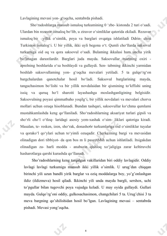 qon bos m li pasaytmsh uchun ishlatiladi. itsigakdan olinadigan za- harli modda - anabazin qishloq xo‘jaligiga zarar keltiruvchi hasharotlarga qarshi kurashda qo‘llanadi. sho’radoshlarning keng tarqalgan vakillaridan biri oddiy lavlagidir. oddiy lavlagi lavlagi turkumiga mansub ikki yillik o’simlik. u urug’dan chiqqan birinchi yili uzun bandli yirik barglar va oziq moddalarga boy, yo’g’onlashgan ildiz (ildizmeva) hosil qiladi. ikkinchi yili unda mayda bargli, sershox, uchi to’pgullar bilan tugovchi poya vujudga keladi. u may oyida gullaydi. gullari mayda. gulqo’rg’oni oddiy, gulkosachasimon, changchilari 5 ta. urug’chisi 3 ta meva bargning qo’shilishidan hosil bo’lgan. lavlagining mevasi – sentabrda pishadi. mevasi yong’oqcha. sho’radoshlarga mansub ismaloq turkumining o’zbekistonda 2 turi o’sadi. ulardan biri rezavor ismaloq bo’lib, u ziravor o’simliklar qatorida ekiladi; poya va barglari ovqatga ishlatiladi. ikkinchisi turkiston ismalog’i. u bir yillik, ikki uyli begona o’t. qumli cho’llarda saksovul turkumiga oid oq va qora saksovul o’sadi. bularning ikkalasi ham uncha yirik boimagan daraxtlardir. barglari juda mayda. saksovullar martning …