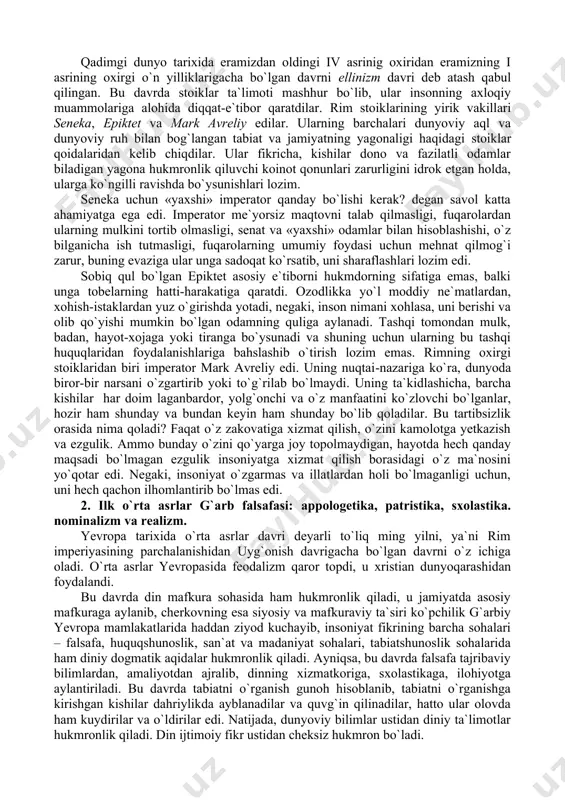 a edi. suqrot ta`limotining asosida donishmandlar tomonidan bilib olinadigan, ob`ektiv ravishda mavjud bo`lgan ruh to`g`risidagi g`oya yotar edi. u hayotning har qanday sohasida muvaffaqiyatli faoliyat yuritish uchun kasbiy bilimlar zarurligini ta`kidlagan edi. o`z davrida afinadagi hukmron tartib-qoidalarga qarshi chiqib, yangi fikrlarni ilgari surgani uchun uni dahriylikda hamda yoshlarni axloqan buzishda ayblaganlar. unga shunchaki ayb emas, siyosiy ayb qo`yilgan. garchand qutulish imkoni bo`lsa-da, qonun va jamiyat tartiblarini nihoyatda qattiq hurmat qilganligi bois, u jazodan qochishni istamagan va bir qadah zahar ichib o`lgan. suqrot va uning tarafdorlari jamiyat qonunlariga, ular qanday bo`lishidan qat`i nazar, so`zsiz itoat etishni targ`ib etganlari g`oyatda ibratlidir. «aflotun mening do`stim, ammo qonun do`stlikdan ustun turadi» degan hikmatli ibora o`sha davr ma`naviyatining yaqqol ifodasidir. suqrot o`z ta`limotini og`zaki ravishda ko`chalar, maydonlar, xiyobonlarda shogirdlari va izdoshlari bilan birga shakllantirgan va xalq ongiga singdirishga harakat qilgan, lekin bironta ham asar yozmagan. uning falsafiy, axloqiy ta`limotlari mohiyatini shogirdlari ksenofant, aristofan va aflotunlarning …