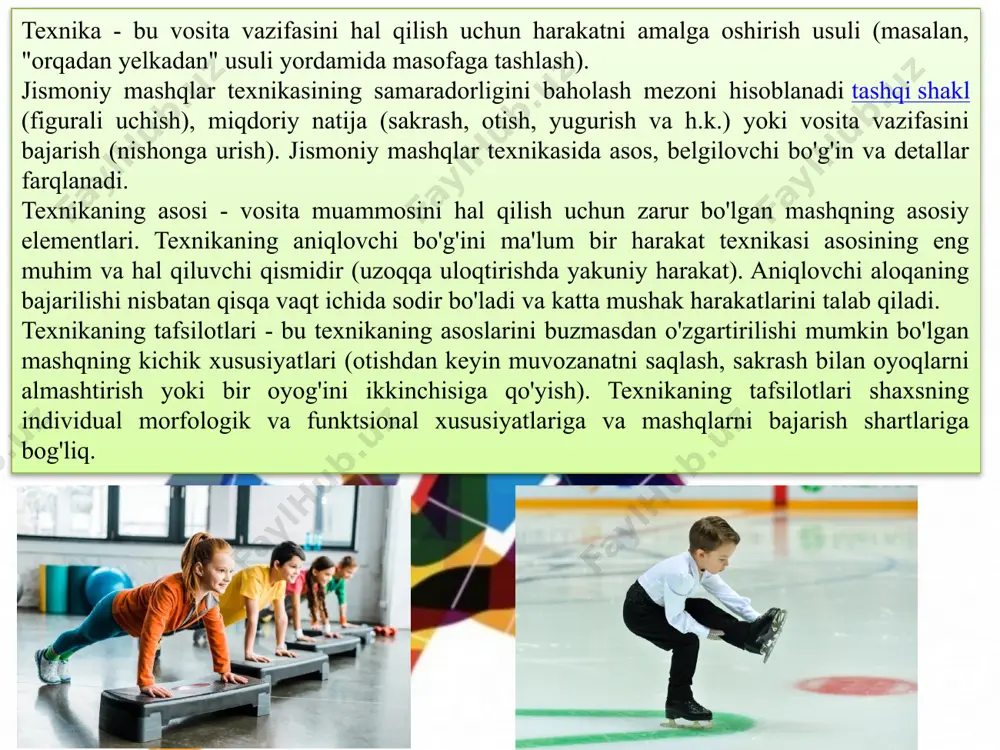 erakli vaqtda oqilona foydalanish muhim ahamiyatga ega. asosiy bosqich - bu mashqni bajarish usulining mohiyati. yakuniy bosqichning vazifasi - harakatni sekinlashtirish va muvozanatni saqlash (uzoqqa uloqtirgandan keyin chiziqdan oshib ketmaslik). mashqda elementlar ham ta'kidlangan. masalan, nishonga uloqtirishda - boshlang'ich pozitsiyasi, nishonga olish, tebranish, uloqtirish, muvozanatni saqlash. fazoviy xarakteristikaga boshlang'ich pozitsiyasi, mashq paytida tananing va uning qismlarining holati, traektoriya kiradi. ba'zi mashqlar texnikasida boshning ma'lum bir pozitsiyasi muhim ahamiyatga ega (skameykada yurganda, muvozanatni saqlash uchun logni tekis ushlab turish kerak). figurali uchishda, badiiy gimnastikada, badiiy gimnastikada - chizilgan paypoqlar, egilgan torso va boshqalarda tananing va uning alohida qismlarining holatiga maxsus estetik talablar qo'yiladi. jismning yoki jismning harakatlanuvchi qismining yo'li traektoriya deb ataladi. traektoriyalarda harakatning shakli, yo'nalishi va amplitudasi farqlanadi. shakl jihatidan harakat traektoriyasi tekis va egri chiziqli. osilgan to'pga urilganda to'g'ri chiziqli harakat qo'llaniladi. yo'nalishdagi barcha o'zgarishlar bilan egri chiziqli (loop shaklidagi) harakat (maqsadga otish) sodir bo'ladi. egri chiziqli harakatning umumiy …