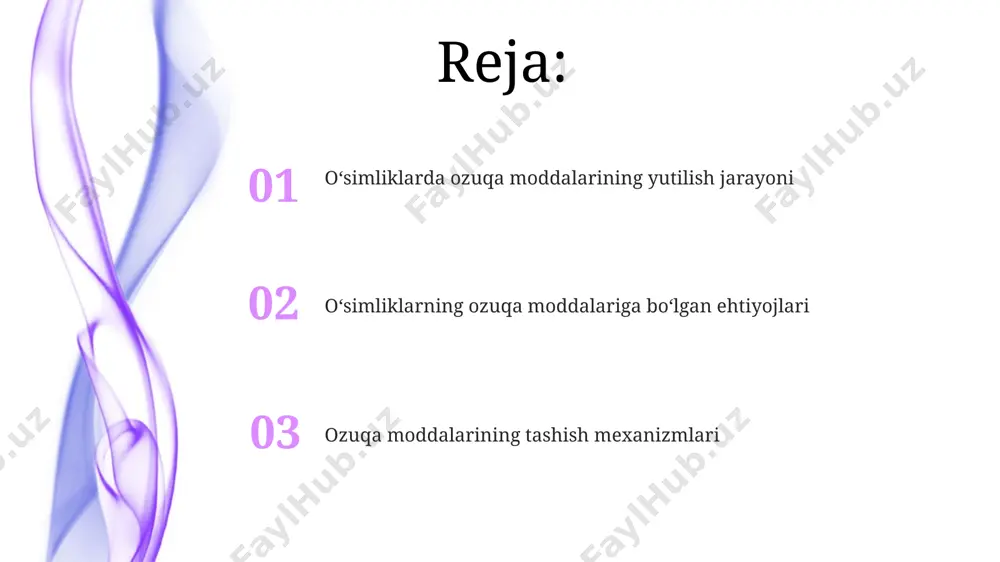 hududdan past konsentrasiyali hududga 10-6 m/s tezlikda harakatlanadi. o'simliklarning ozuqa moddalarini yutishini o'rganish usullari o'simliklarning mineral ozuqa moddalarini yutishini o'rganishda radioaktiv izotoplar (masalan, 32p yoki 45ca) dan foydalanib, ularning o'simlik to'qimalariga kirib borish tezligini aniqlash mumkin. gidropanik usul yordamida o'simliklarni turli ozuqa eritmalari bilan ta'minlab, o'simlikning biomassasi, barglarning xlorofil miqdori va boshqa fiziologik ko'rsatkichlarini o'lchash orqali ozuqa yutilishini baholash mumkin. kelajakdagi tadqiqotlar va istiqbollar o'simliklarning gen ifodasi va transkriptomik tahlillari yordamida 20 ga yaqin yangi genlarni aniqlash orqali ozuqa moddalarini assimilyatsiya qilish jarayoniga ta'sir ko'rsatadigan yangi omillarni aniqlash mumkin. kelajakdagi tadqiqotlar o'simliklarning turli sharoitlarda (masalan, tuproq tuzlanishi 15% dan yuqori bo'lganda) ozuqa moddalarini qabul qilish mexanizmlarini batafsil o'rganishga qaratilishi kerak. floema va ksilema orqali moddalar transporti ksilema esa, suv va mineral tuzlarning ildizlardan poyaga va barglarga ko'tarilishini ta'minlaydi, bu jarayon transpirasiya tortish kuchi va kapillyar kuchlar orqali amalga oshadi. floema va ksilema o'simlik tanasida bir-biriga bog'langan holda ishlashi natijasida 100% …