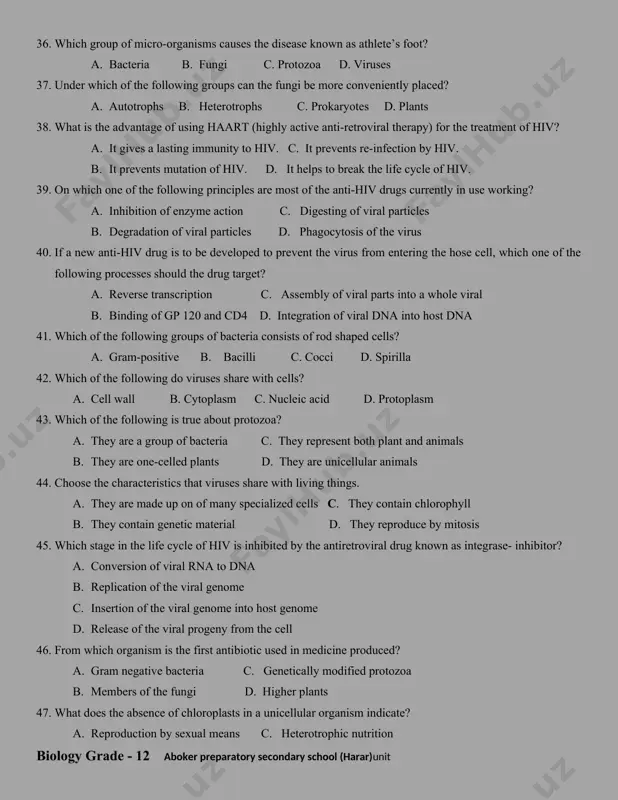 to the ecosystem 35. to which of the following groups do those bacteriophages that integrate their dna into the chromosome of their bacterial host belong? a. virulent viruses c. lysogenic viruses b. lytic viruses d. non-parasitic viruses 36. which group of micro-organisms causes the disease known as athlete’s foot? a. bacteria b. fungi c. protozoa d. viruses 37. under which of the following groups can the fungi be more conveniently placed? a. autotrophs b. heterotrophs c. prokaryotes d. plants 38. what is the advantage of using haart (highly active anti-retroviral therapy) for the treatment of hiv? a. it gives a lasting immunity to hiv. c. it prevents re-infection by hiv. b. it prevents mutation of hiv. d. it helps to break the life cycle of hiv. 39. on which one of the following principles are most of the anti-hiv drugs currently in use working? a. inhibition of enzyme action c. …