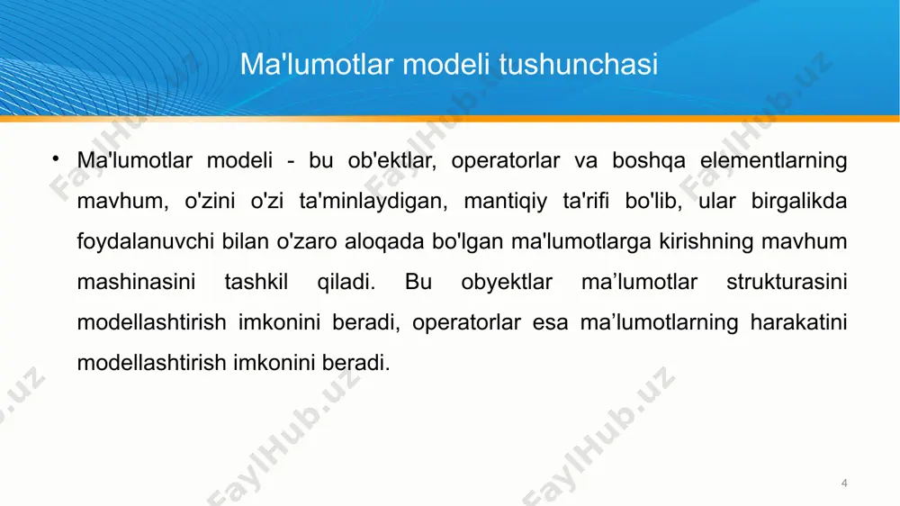 ar modelini qo'llab-quvvatlaydi. boshqa tomondan, shuni yodda tutish kerakki, yuqorida ko'rsatilgan ma'lumotlar bazalarining har biri uchun tegishli ma'lumotlar modellari qo'llaniladi, ya'ni. bir qator ma'lumotlar modellari mavjud. 16 ma'lumotlar modellari hozirgi vaqtda tuzilgan ma'lumotlar bazalari uchun mantiqiy ma'lumotlar modellarining uchta asosiy turi mavjud bo'lib, ular ma'lumotlar elementlari o'rtasidagi qo'llab-quvvatlovchi munosabatlarning tabiatiga qarab: tarmoq, ierarxik, aloqador(realyatsion). ushbu modellardagi tasniflash xususiyatlari quyidagilardir: ulanishning qattiqligi (fiksatsiya) darajasi, model tuzilishining matematik ko'rinishi va qabul qilinadigan ma'lumotlar turlari. ma'lumotlar modellari 17 modellarni solishtirganda, ularning barchasi nazariy jihatdan teng ekanligini unutmang. modellarning ekvivalentligi shundan iboratki, ularni rasmiy o'zgartirishlar orqali bir-biriga qisqartirish mumkin. ma'lumotlar modellari ob'ektlar orasidagi bog'lanishning tabiati rasmiy taqdimot tarmoq yarim qattiq ulanishlar ixtiyoriy grafik ierarxik qattiq ulanishlar daraxt tuzilishi aloqaviy o'zgaruvchan ulanishlar yassi fayl 18 ma'lumotlar modellari ma'lumotlarning asosiy modellarining umumiy ko'rinishi strukturaviy ma'lumotlar modellarining uchta asosiy turi ierarxik, tarmoq va relyatsiondir. ma'lumotlarning ierarxik modeli ma'lumotlarni daraxt tuzilishi ko'rinishida tartibga soladi va umumiy munosabatlar yoki …