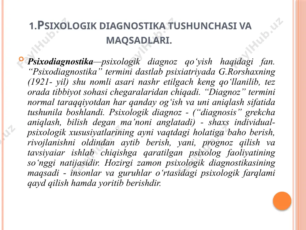 ridan biri sifatida psixodiagnostika quyidagi vazifalami bajaradi: muayyan xususiyatning rivojlanish holatini aniqlash. uning rivojlanish dinamikasini hamda ma’lum vaqt oralig'ida qayta tuzilishini aniqlash. individ yoki guruh psixologiyasi hamda xulq-atvorida o'quv-tabiyaviy ta’surot natijasida vujudga kelgan real o‘zgarishlami aniqlash. shaxs xususiyatlari rivojlanish dinamikasi va qonunlarini tuhlil qilish asosida uning rivojlanish perspektivasini aniqlash. tekshirilgan kishilar yoki guruhni kelgusida rivojlanishda erishilgan natijalami hisobga olgan holda differensial tarzda ish olib borish uchun kategoriyalarga ajratish. individ yoki guruhlarning (u yoki bu ishni bajarish, masalan, o‘z xizmat vazifalarini bajarishga) kasbiy tayyorgarligini, layoqatliligini aniqlash. individ yoki guruh psixologiyasi va xulq-atvorini psixokorreksion ishlarni olib borish maqsadida o'rnatilgan tibbiy, ijtimoiy normalarga mos yoki mos emasligini aniqlash. individ yoki guruhga hayotiy tomonini (kasb,umr yo‘ldoshi) aniqlash maqsadida tavsiyalar ishlab chiqish. yuqorida ta’kidlangan vazifalar amaliy psixodiagnostikaning umumiy vazifalaridir. ulardan ko‘pchiligi u yoki bu darajada maktabgacha ta’lim muassasalari, umumta’lim maktablari, o'rta maxsus ta’lim muassasalarida turli yosh davridagi bolalar bilan mos ravishda ish olib borish uchun …