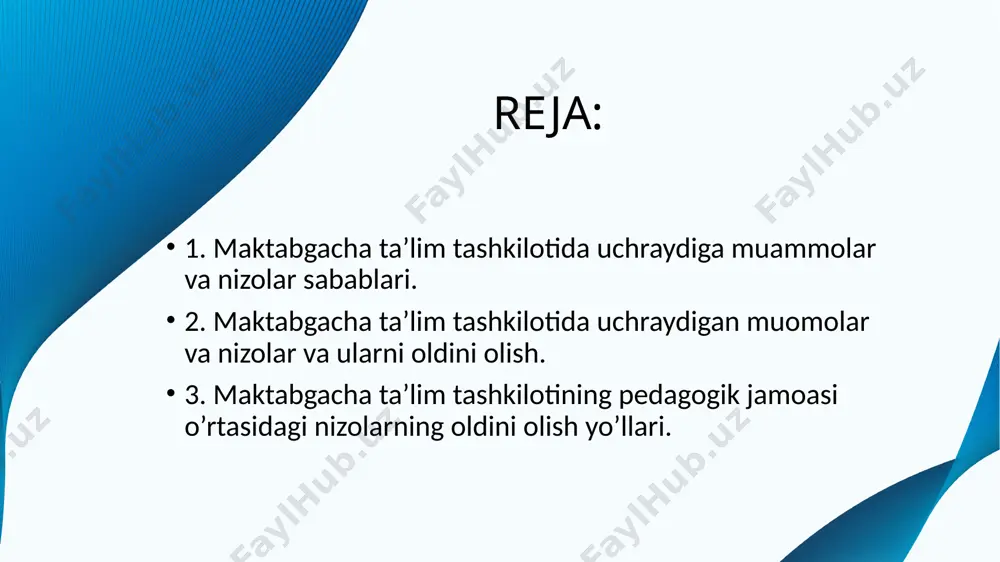 i jamoasining asosiy o'ziga xos xususiyati shundaki, asosiy kontingent ayollardir. bu haqiqat nizolarning soni va sifatiga qo'shimcha ta'sir ko'rsatadi. mojaro ishtirokchilari quyidagilar bo'lishi mumkin: * ma'muriyat (direktor , uslubchi). *pedagog xodimlar(psixolog, musiqa rahbari, jismoniy tarbiya yo’riqchisi, til o’qituvchisi, logoped) * ota-onalar. mttdagi mojarolar : "tarbiyachi va bola, tarbiyachi va ota -onalar, tarbiyachi va jamoa o'rtasidagi ziddiyat maktabgacha ta’lim tashkilotining katta muammosidir. ko'pincha ziddiyat ota-onalar tarbiyachi haqida adolatsiz fikr yuritganda paydo bo'ladi. tarbiyachi haqida adolatli o'ylab ko'ring-va nizolar bo'lmaydi. mojarodan qochish qobiliyati tarbiyachining pedagogik donoligining tarkibiy qismlaridan biridir. mojaroning oldini olish orqali arbiyachi nafaqat saqlab qoladi, balki jamoaning tarbiyaviy kuchini ham yaratadi". maktabgacha ta'lim tashkilotida eng ko'p uchraydigan nizolarni va ularning paydo bo'lish sabablarini ko'rib chiqing: tarbiyachi-tarbiyachi sabablari: shaxsiy antipatiya, kasbiy masalalar bo'yicha nuqtai nazarlarning nomuvofiqligi, ota-onalar, bolalar bilan munosabatlarga hasad qilish, o'z-o'zini amalga oshirmaslik hissi. uslubchi-tarbiyachi sabablari: tarbiyachining ta'lim dasturlarini amalga oshirishga va ularning natijalariga qiziqishi etarli emasligi, tarbiyachi uslubchining …