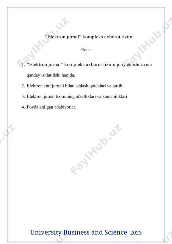 q orqali muloqot qilishlari hamda onlayn kutubxona va ta’limga oid media resurslardan foydalanishlari mumkin. elektron jurnal ta'lim jarayonini optimallashtirish vositasi sifatida amalga oshirilgan: ijtimoiy fanlar o'qituvchisi, mbou "foshchevatovskaya o'rta maktabi" filippova nadejda antonovna 2014 yil sekin-asta, lekin ishonch bilan ular maktablarning elektron jurnal hayotiga kirishmoqda. ta’lim hayotning boshqa sohalaridan orqada qolmasligi kerak, chunki maktablar kelajakda jamiyatda yashaydigan insonlarni tarbiyalaydi deya takidlaydi. ertangi kunni esa yangi asrning kompyuterlar, internet va boshqa texnik vositalarisiz tasavvur etib bo‘lmaydi. o'qituvchining boshqa vazifalari qatorida quyidagilar ko'rsatilgan: "axborot-kommunikatsiya texnologiyalari sharoitida zamonaviy baholash usullaridan foydalangan holda o'quv jarayonida nazorat va baholash faoliyatini amalga oshiradi (hujjatlarning elektron shakllarini, shu jumladan elektron jurnal va talabalar elektron jurnallarini yuritish)." nima uchun bizga maktabda elektron jurnal kerak? elektron maktab jurnali - bu maktablar uchun ham, ota-onalar va o'quvchilar uchun ham o'quv jarayoni bilan bog'liq elektron jurnal muammolarni hal qilishning eng yaxshi usuli. keling, sinf elektron jurnalining asosiy xususiyatlarini ko'rib chiqaylik, bu …