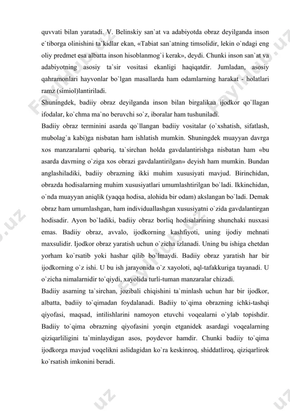 iy obraz yara​tish har bir ijodkorning o`z ishi. u bu ish jarayonida o`z xayoloti, aql-tafakkuriga tayanadi. u o`zicha nimalarnidir to`qiydi, xayolida turli-tuman manzaralar chizadi. badiiy asarning ta`sirchan, jozibali chiqishini ta`minlash uchun har bir ijodkor, albatta, badiiy to`qimadan foydalanadi. badiiy to`qima obrazning ichki-tashqi qiyofasi, maqsad, intilishlarini namoyon etuvchi voqealarni o`ylab topishdir. badiiy to`qima obrazning qiyofasini yorqin etganidek asardagi voqealarning qiziqarliligini ta`minlaydigan asos, poydevor hamdir. chunki badiiy to`qima ijodkorga mavjud voqelikni aslidagidan ko`ra keskinroq, shiddatliroq, qiziqarlirok ko`rsatish imkonini beradi. badiiy to`qima yolg`on, uydirma bo`lsa-da, u o`quvchini ishontirishi, ta`sirlantirishi, o`ylantirishi kerak. shunday bo`lishi shart. badiiy to`qima hayotning odatdagi mantig`iga muvofiq kelish-kelmasligidan qat`iy nazar, u qahramon qiyofasini yorqinlashtirsa, o`quvchining tasavvuriga qandaydir yangiliklar olib kirsa, bu - ijodkorning yo`tug`idir. barcha san`at asarlarini barkamol qilgan hodisa, avvalo, badiiy to`qimadir. abdulla qodiriyning «o`tgan kunlar»i ham, abdulla qahhorning «o`g`ri», «bemor»i ham, abdulla oripovning she`rlari ham badiiy to`qima asosida yaratilgan asarlardir. ularda adiblar ba​diiy to`qima asosida mavjud hayotning ta`sirchan …