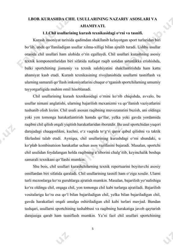 sullarining kurashdagi o‘rni shundaki, u ko‘plab kombinatsion harakatlar uchun asos vazifasini bajaradi. masalan, sportchi chil usulidan foydalangan holda raqibning e’tiborini chalg‘itib, keyinchalik boshqa samarali texnikani qo‘llashi mumkin. shu bois, chil usullari kurashchilarning texnik repertuarini boyituvchi asosiy omillardan biri sifatida qaraladi. chil usullarining tasnifi ham o‘ziga xosdir. ularni turli mezonlarga ko‘ra guruhlarga ajratish mumkin. masalan, bajarilish yo‘nalishiga ko‘ra oldinga chil, orqaga chil, yon tomonga chil kabi turlarga ajratiladi. bajarilish vositalariga ko‘ra esa qo‘l bilan bajariladigan chil, yelka bilan bajariladigan chil, gavda harakatlari orqali amalga oshiriladigan chil kabi turlari mavjud. bundan tashqari, usullarni sportchining tashabbusi va raqibning harakatiga javob qaytarish darajasiga qarab ham tasniflash mumkin. ya’ni faol chil usullari sportchining tashabbuskorligi asosida bajariladi, passiv yoki javobchil usullar esa raqibning hujumiga qarshi harakat sifatida amalga oshiriladi. kurash texnikasidagi o‘rnini yanada kengroq tahlil qiladigan bo‘lsak, chil usullari ko‘plab boshqa texnikalar bilan uzviy bog‘liq. masalan, supurma yoki ko‘tarib tashlash usullarini samarali amalga oshirish uchun avvalo …