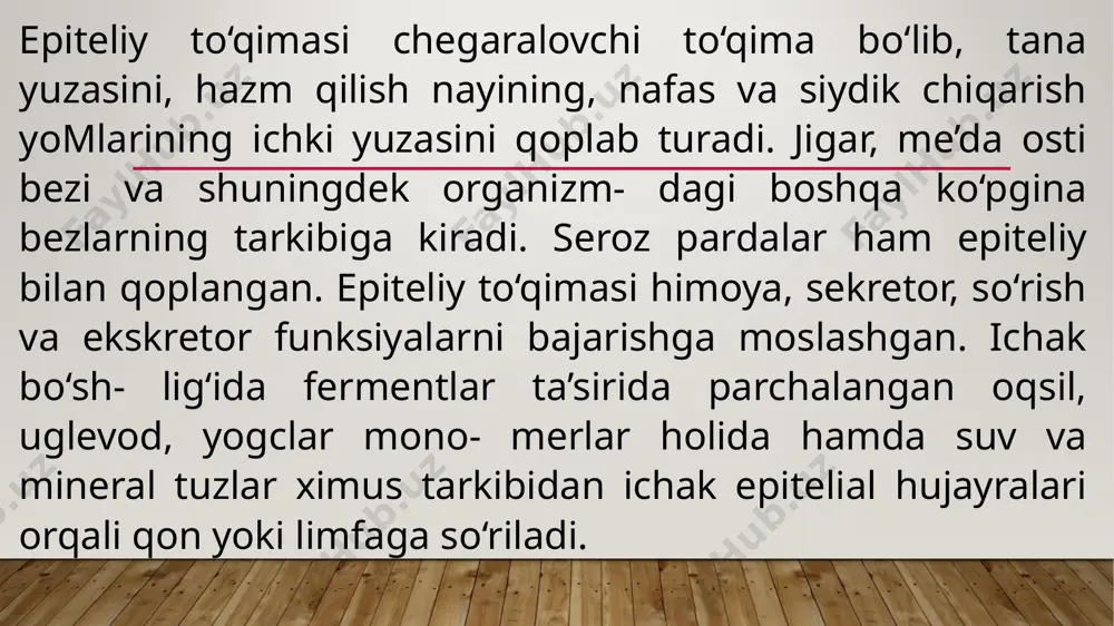 piteliy hujayralarining barchasi bazal plastinka bilan bevosita bogiangan. ko‘p qavatli epiteliyda esa bazal plastinkaga faqat pastki qavat hujayralari tegib turadi. bir qavatli epiteliy o‘z navbatida bir qatorli va ko‘p qatorli boiadi bir qatorli epiteliyda hamma hujayralar bir xil balandlikka ega boiib, ularning yadrolari bir tekislikda joylashadi. ko‘p qatorli epiteliyda hamma hujayralar bazal membra- naga tegib tursa ham, ular bir xil katta-kichiklikda emas va yadrolari turli tekislikda yotadi. ko‘p qavatli yassi epiteliy muguzlanuvchi va muguzlanmaydigan bo‘ladi. yuqori qavat hujayralari muguz tanachalarga aylanuvchi ko‘p qavatli epiteliy muguzlanuvchi epiteliy deb ataladi. қопловчи эпителийнинг морфологик классификацияси muguzlanish jarayoni kechmaydigan, ya’ni muguz tangachalar hosil bo'lmaydigan ko‘p qavatli epiteliy muguzjanmay- digan epiteliy deb ataladi. ko‘p qavatli epiteliyning maxsus turi o ‘zgaruvchan epiteliydir. bu epiteliy ba’zi a’zolaming (masalan, siydik qopchasi) devorining cho‘zilgan yoki cho‘zilmaganligiga qarab o ‘z ko'rinishini o‘zgartirib turadi va shuning uchun ham о ‘zgaruv- chan epiteliy deb ataladi. epiteliy to’qimasining hujayralari turli xil shaklda bo‘ladi. …