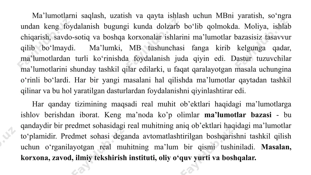 itiladi. aniqrok qilib aytganda, ma’lumotlar bazasini boshqarish tizimi (mbbt) – bu ko’plab foydalanuvchilar tomonidan mbni yaratish, unga qo’shimcha ma'lumotlarni kiritish va mbni birgalikda ishlatish uchun zarur bo’lgan dasturlar majmuidir. mbbtning tarkibidagi asosiy komponenti – bu ma'lumotlar bo’lsa, boshqa komponenti –foydalanuvchilar, hardware –texnik va software –dasturiy ta'minoti hisoblanadi. hardware tashqi qo’shimchasi xotiradan (disk, magnit lentasi) iborat bo’lsa, dastur qismi esa mb bilan foydalanuvchi urtasidagi mulokotni tashkil qilishni amalga oshiradi. mbning tuzilishi o’rganilayotgan ob'yektning ma'lumotlari ko’rinishi, ma'nosi, tuzilishi va xajmiga bog’lik bo’ladi. ma’lumotlar bazasini boshqarish tizimlari (mbbt) quyidagicha tavsiflanadi: ispolnimost –bajarilishlik, foydalanuvchi so’roviga hozirchavobgarlik bilan mulokotga kirishish minimalnaya povtorimost –minimal takrorlanishlik mbdagi ma'lumot iloji boricha kam takrorlanishi lozim, aks holda ma'lumotlarni izlash susayadi. selostnost -yaxlitlik , axborotni mbda saqlash iloji boricha ma'lumotlar orasidagi bog’liklikni asragan holda bo’lgani, ayni muddao. bezoopasnost–xavfsizlik mb ruxsat berilmagan kirishdan ishonchli ximoya kilingan bo’lishi lozim. faqat foydalanuvchi va tegishli tashkilotgina ma'lumotlarga kira olish va foydalanish huquqiga egalik qilishi …
