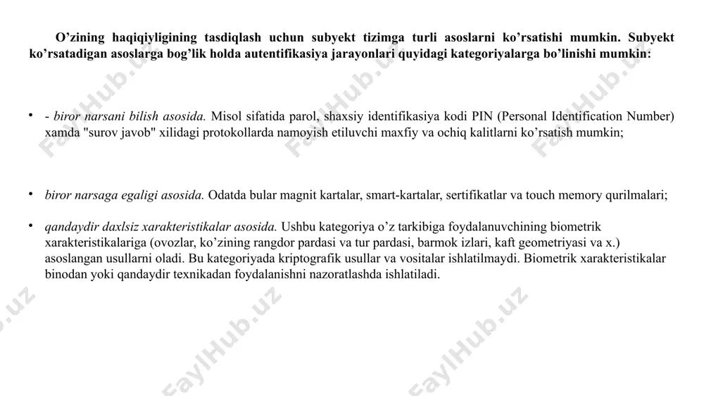 kasiya muvaffakiyatli utib, ulanish urnatilganidan sung buzgunchi foydalanuvchilardan birini chikarib tashlab, uning nomidan ishni davom ettiradi; takroriy uzatish (replay attack). foydalanuvchilar ning biri tomonidan autentifikasiya ma’lumotlari takroran uzatiladi; uzatishni saytarish (reflection attak). oldingi xujum variantlaridan biri bulib, xujum mobaynida niyati buzuk odam protokolning ushbu sessiya doirasida ushlab kolingan axborotni orkaga kaytaradi. majburiy kechikish (forced delay). niyati buzuk odam kandaydir ma’lumotni ushlab kolib, biror vaktdan sung uzatadi. matn tanlashli xujum ( chosen text attack). niyati buzuk odam autentifikasiya trafigini ushlab kolib, uzok muddatli kriptografik kalitlar xususidagi axborotni olishga urinadi. yukorida keltirilgan xujumlarni bartaraf qilish uchun autentifikasiya protokollarini kurishda kuyidagi usullardan foydalaniladi: "surov-javob", vakt belgilari, tasodifiy sonlar, indentifikatorlar, rakamli imzolar kabi mexanizmlardan foydalanish; autentifikasiya natijasini foydalanuvchilarning tizim doirasidagi keyingi xarakatlariga boglash. bunday misol yondashishga tarikasida autentifikasiya jarayonida foydalanuvchilarning keyinga uzaro alokalarida ishlatiluvchi maxfiy seans kalitlarini almashishni kursatish mumkin; - alokaning urnatilgan seansi doirasida autentifikasiya muolajasini vakti-vakti bilan bajarib turish va x. /docprops/thumbnail.jpeg